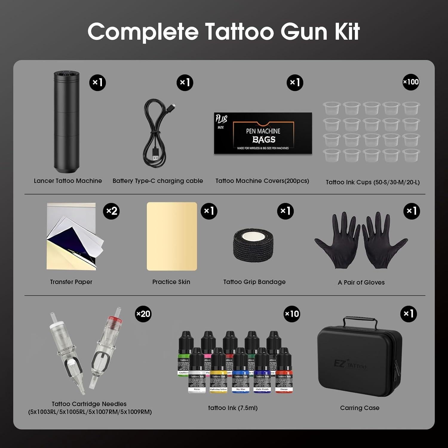 Kit de Tatuaje EZ - Máquina Inalámbrica Lancer 1500mAh