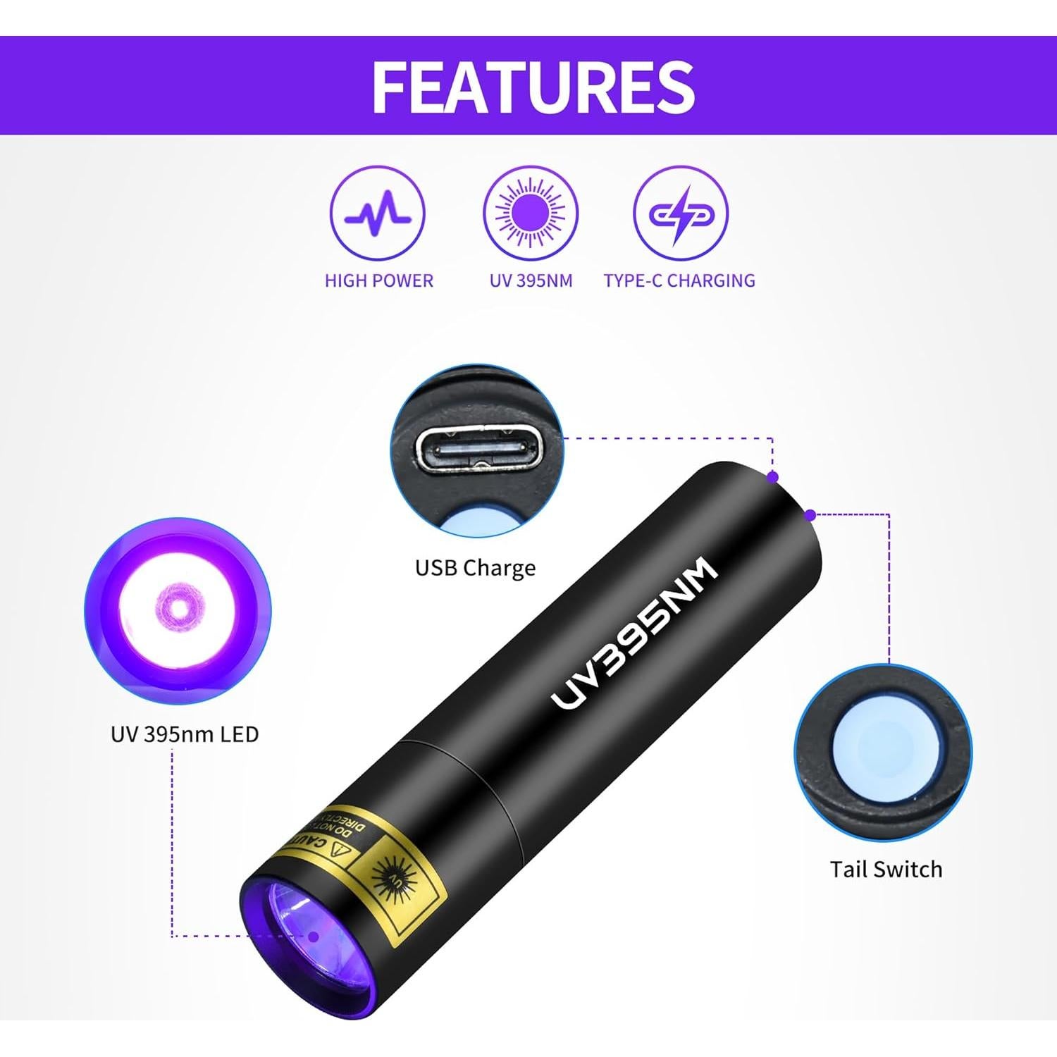 Linterna UV Recargable WMCODMW Mini 365nm 395nm Luz Negra