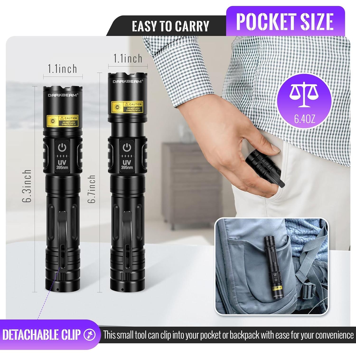 Linterna UV 395nm DARKBEAM Recargable USB LED 2en1