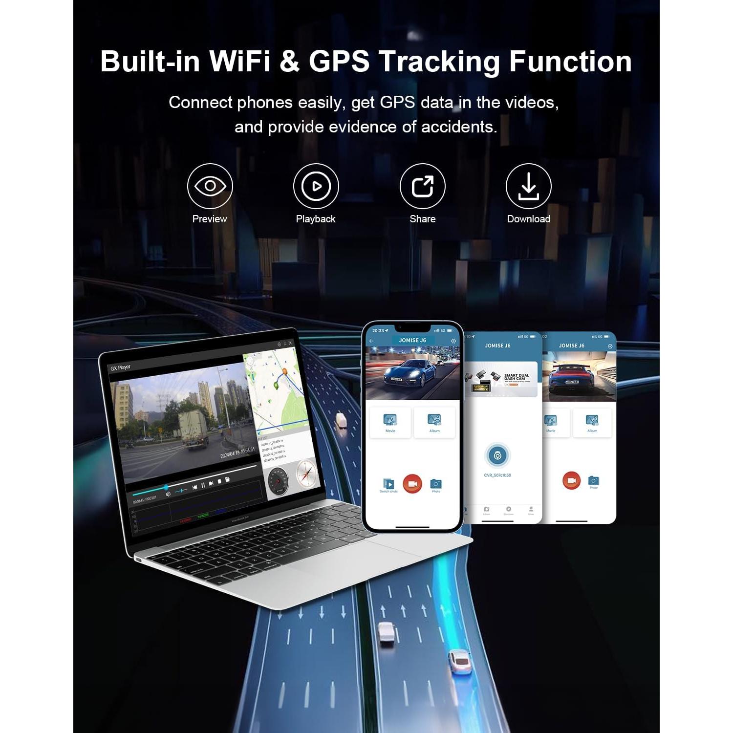 Cámara Dash JOMISE J6 4K Doble, Pantalla Táctil 3.16", GPS