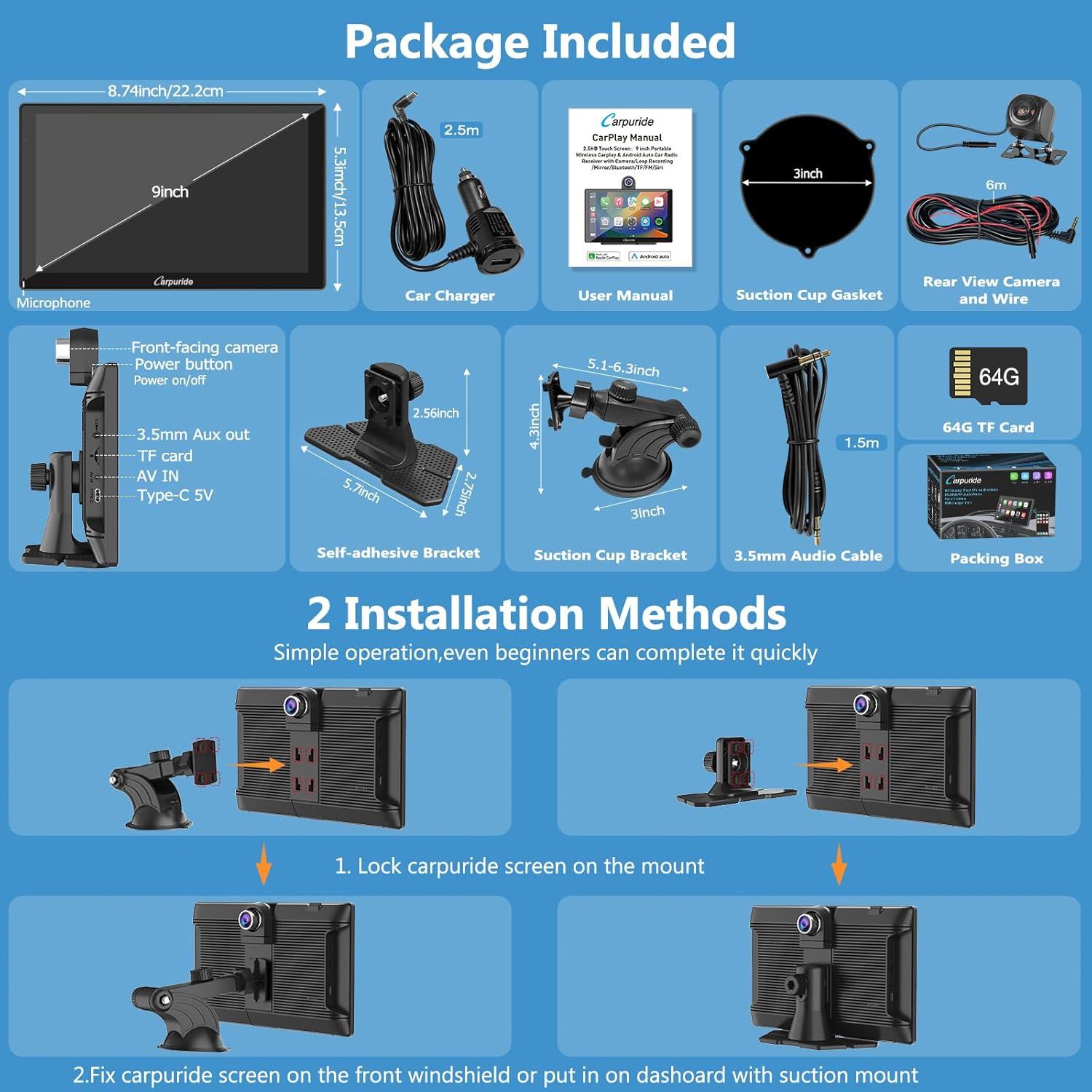 Pantalla Portátil Carplay Android Auto Carpuride W905 9"