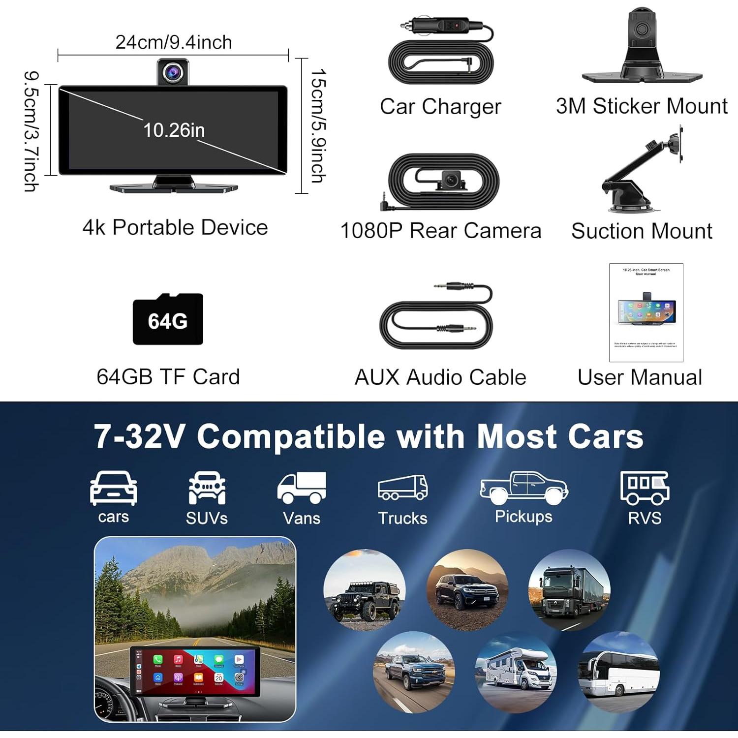 Pantalla Carplay 10.26" Accfly HD con Cámara 4K y GPS