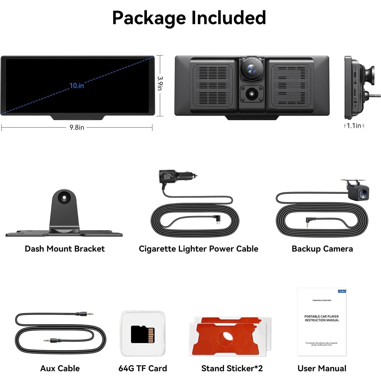 Pantalla Táctil Portátil Carplay 10.26" Carpeer con Cámara 4K