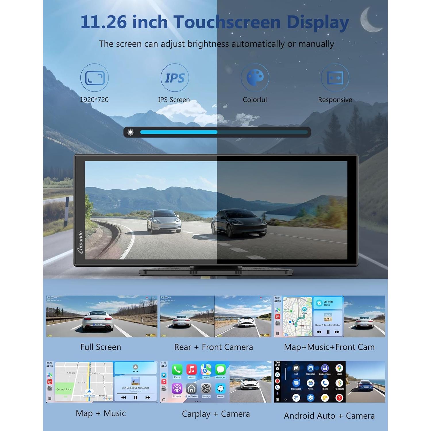 Pantalla Carpuride 11.26" Carplay Inalámbrica con Cámara 4K