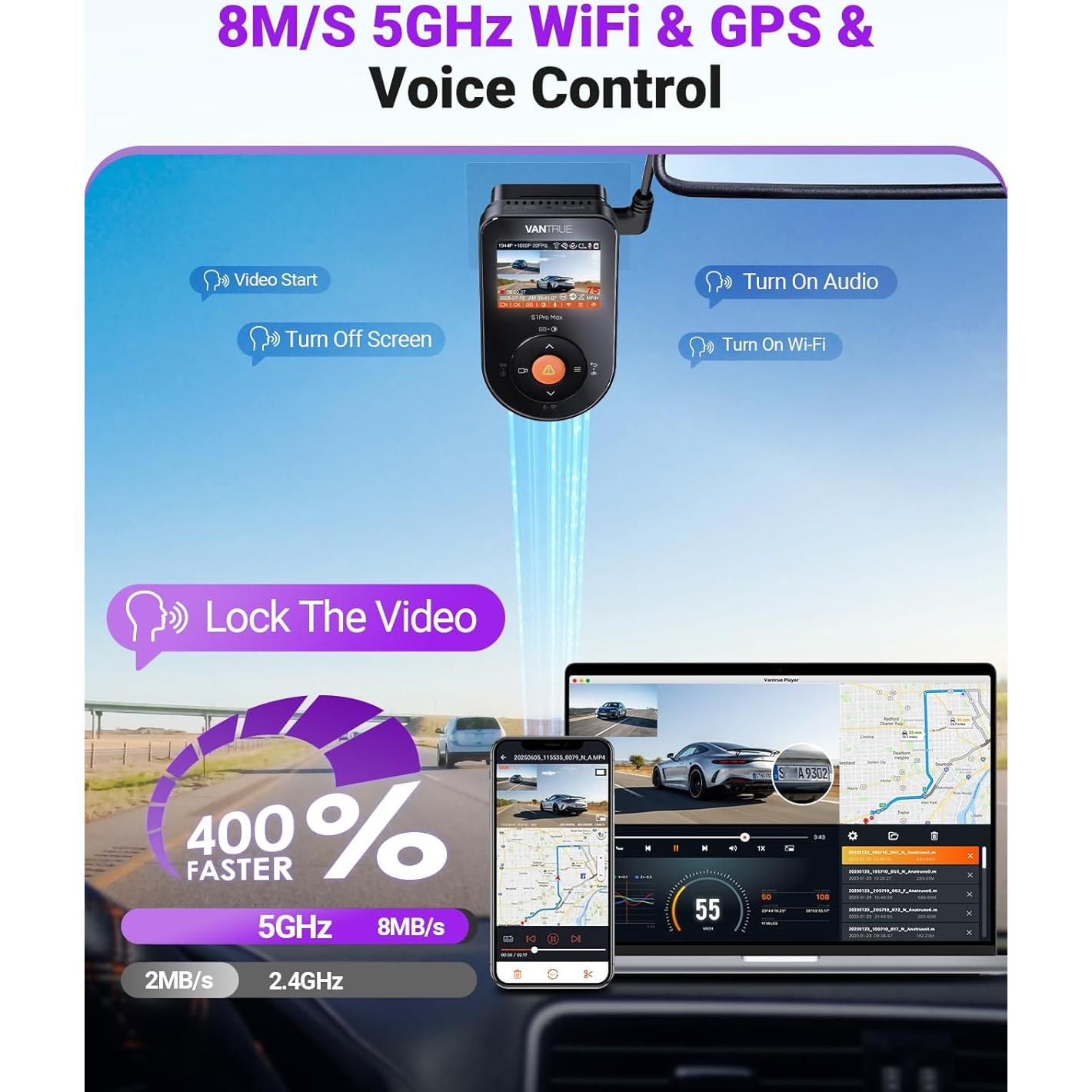 Cámara Dash Vantrue S1 Pro Max 4K con GPS y WiFi 5G