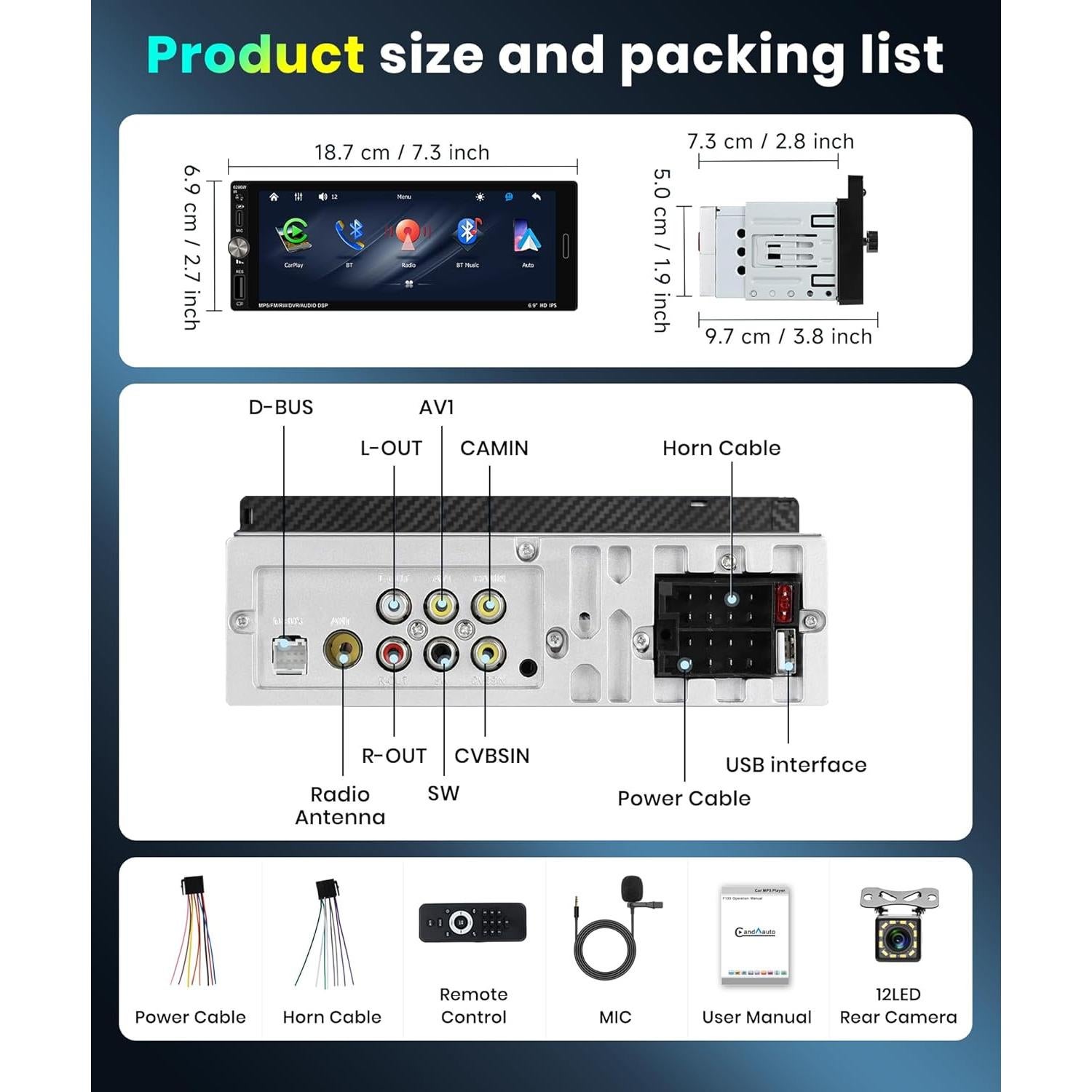 Estéreo de Coche MAHVEC 6.9" Bluetooth 5.2 Carplay Android Auto