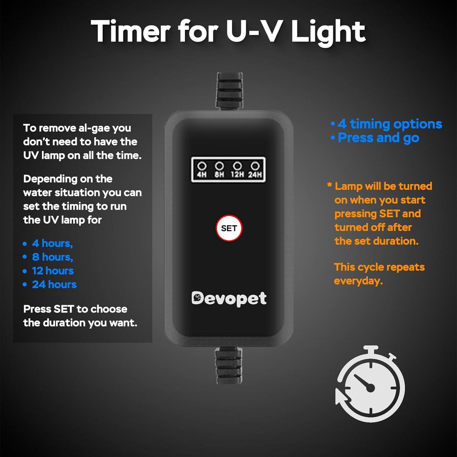 Luz U-V para Acuario Devopet 6W con Temporizador y Protección