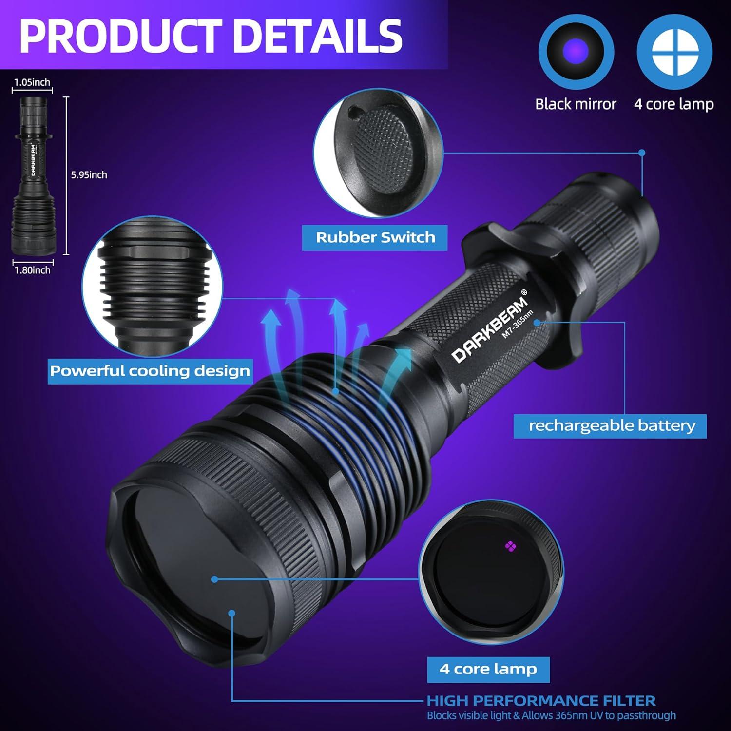 Linterna UV DARKBEAM 365nm 20W Recargable Luz Negra