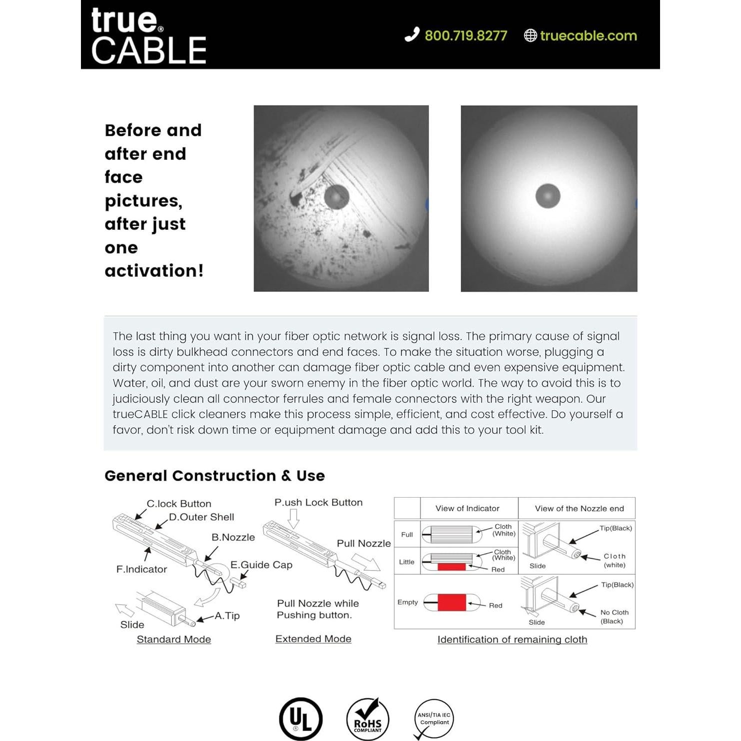 Limpiador de Punta de Fibra Óptica trueCABLE LC/MU 800 Limpiezas