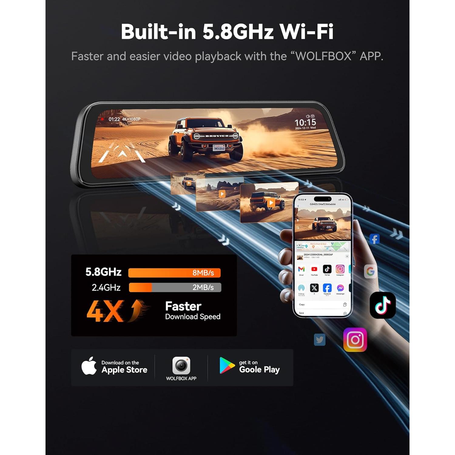 Cámara de Tablero Espejo WOLFBOX G840S 12" 4K con Cable de 10m