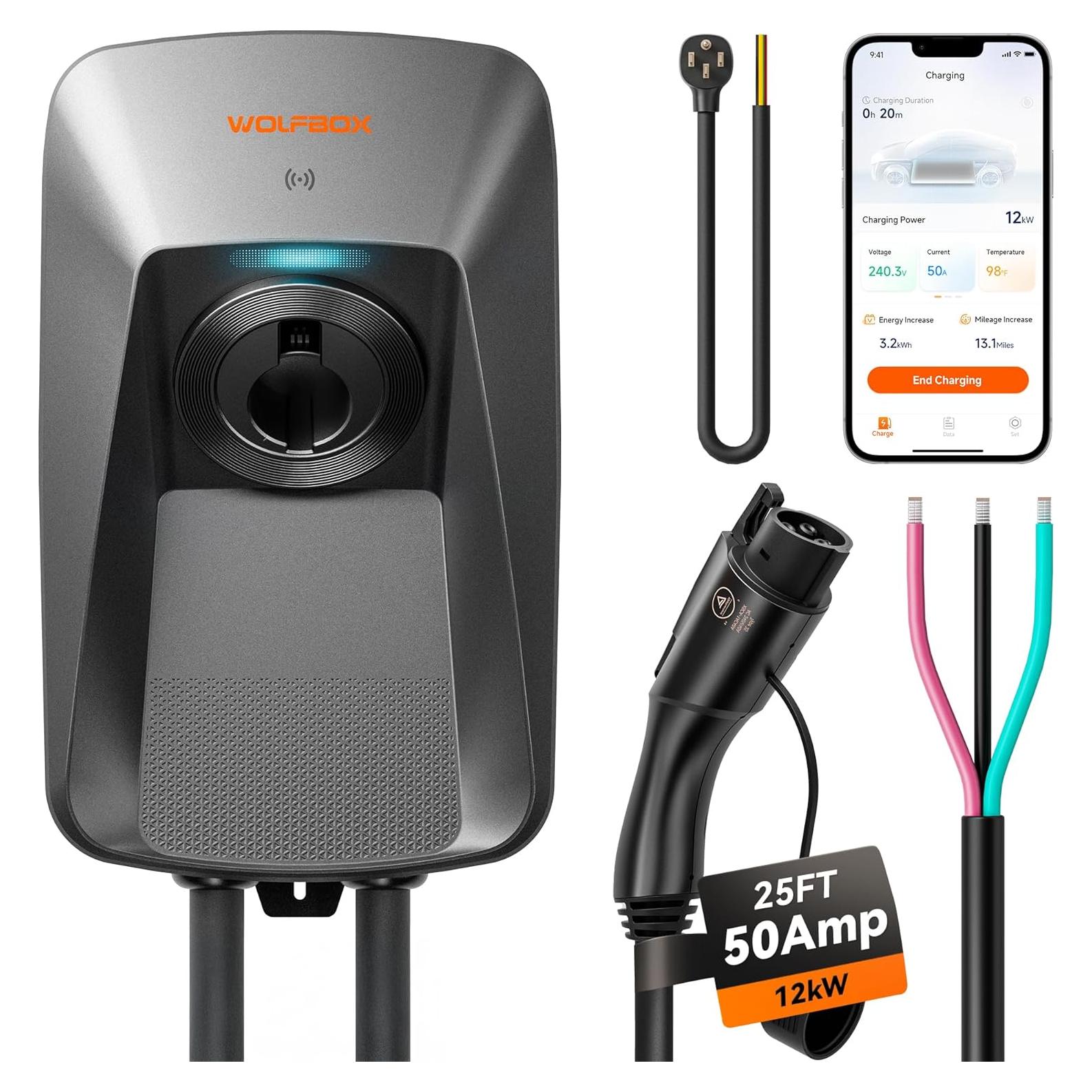 Cargador de Nivel 2 WOLFBOX WE50 50A J1772 7.62m 240V