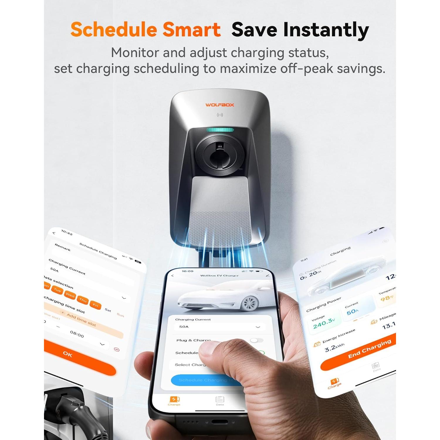 Cargador de Nivel 2 WOLFBOX WE50 50A J1772 7.62m 240V