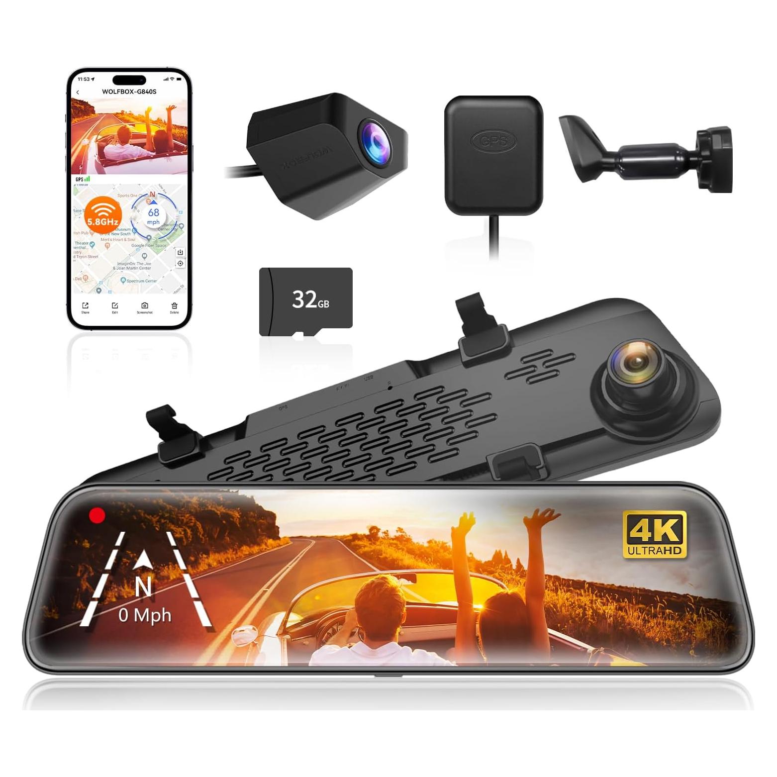 Cámara de Espejo WOLFBOX G840S 12" 4K con Soporte OEM