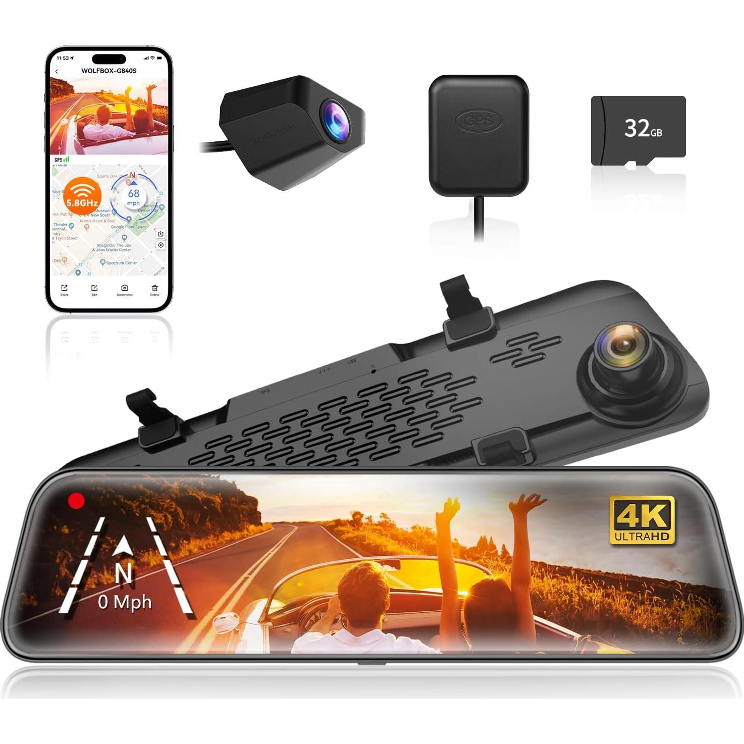 Cámara de Espejo WOLFBOX G840S 12" 4K con Soporte OEM