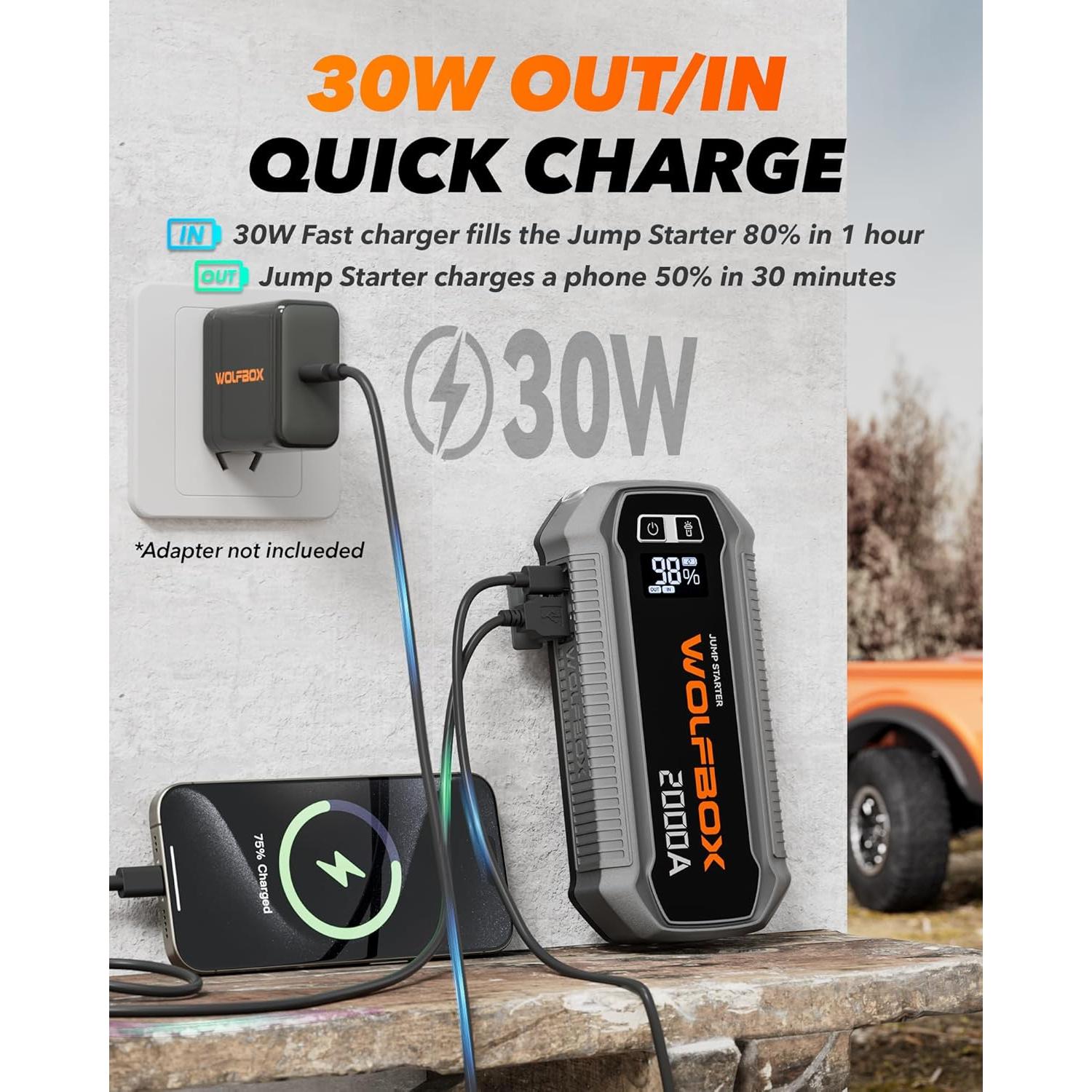 Cargador USB C 65W + Arrancador de Salto 2000A WOLFBOX