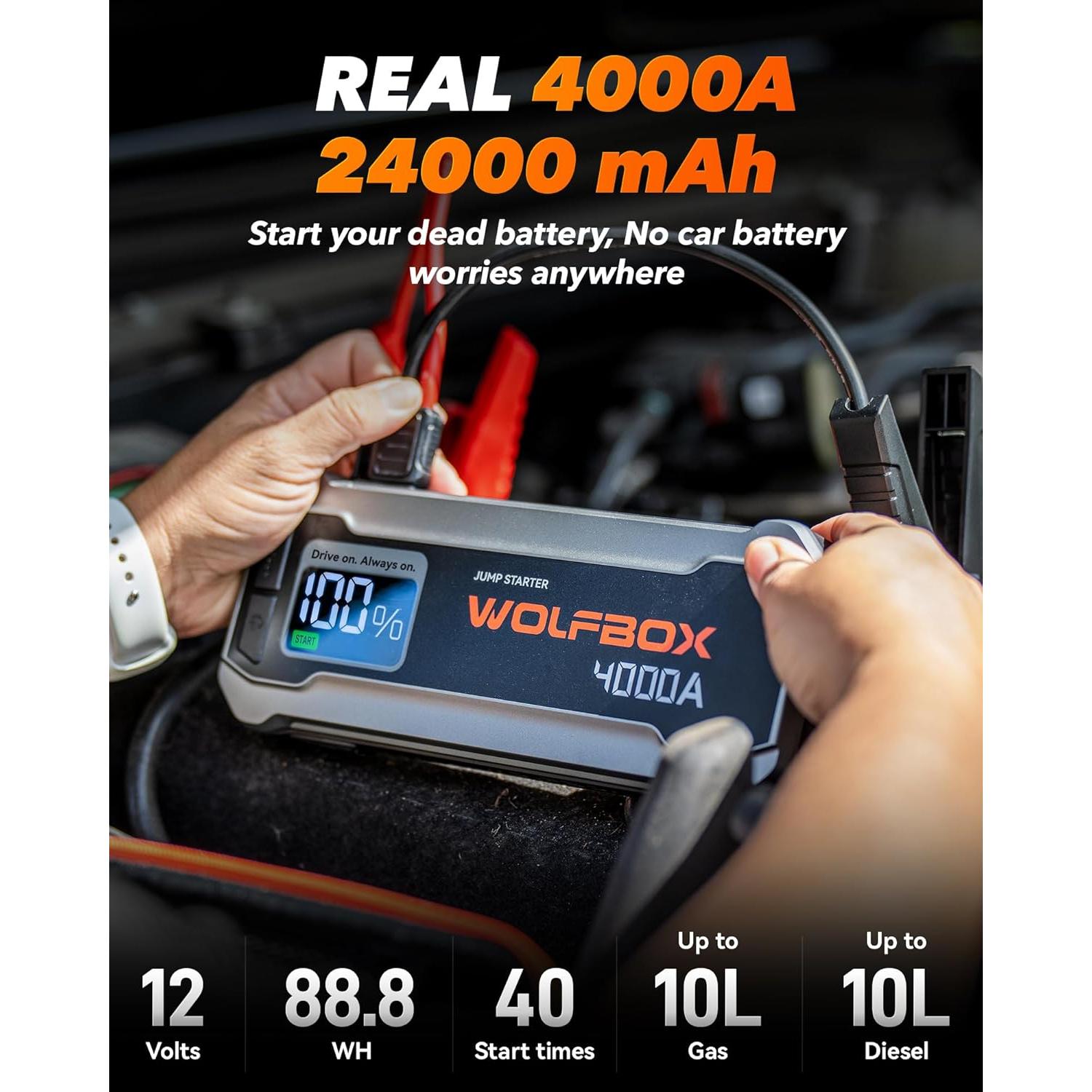 Arrancador de Batería WOLFBOX 4000A 24000mAh + Soplador 110000RPM