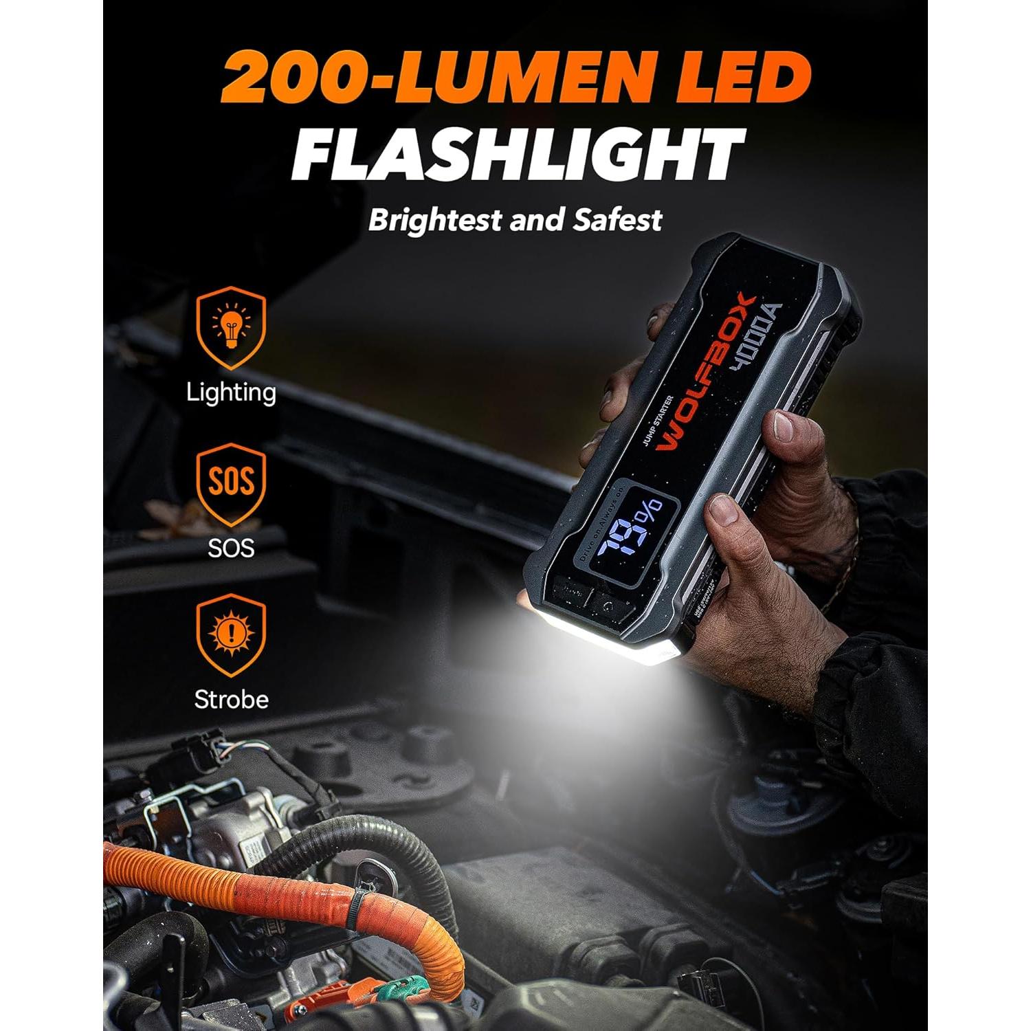 Arrancador de Batería WOLFBOX 4000A 24000mAh + Soplador 110000RPM