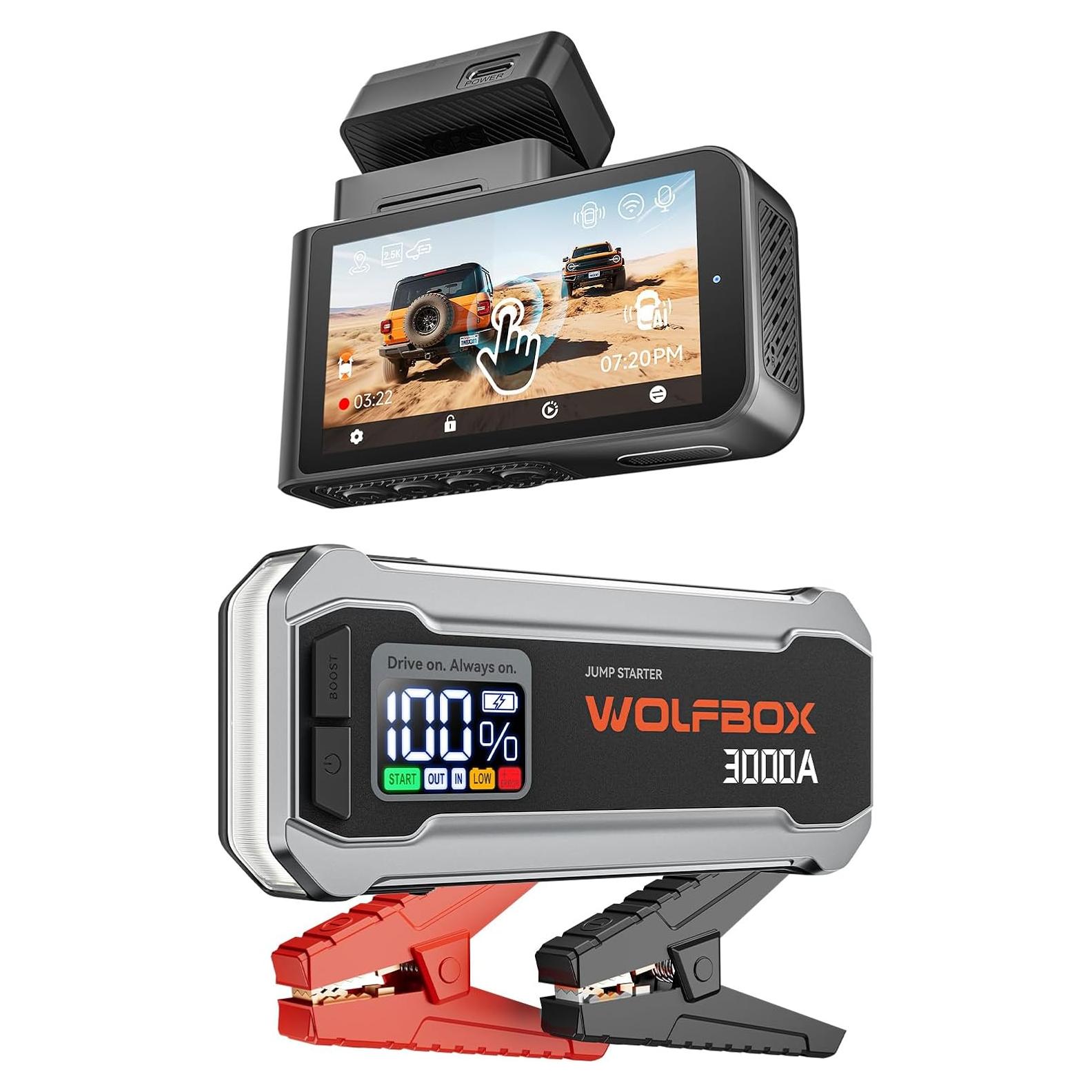 WOLFBOX Arrancador de Batería 3000A y Cámara Salpicadero X3 2.5K