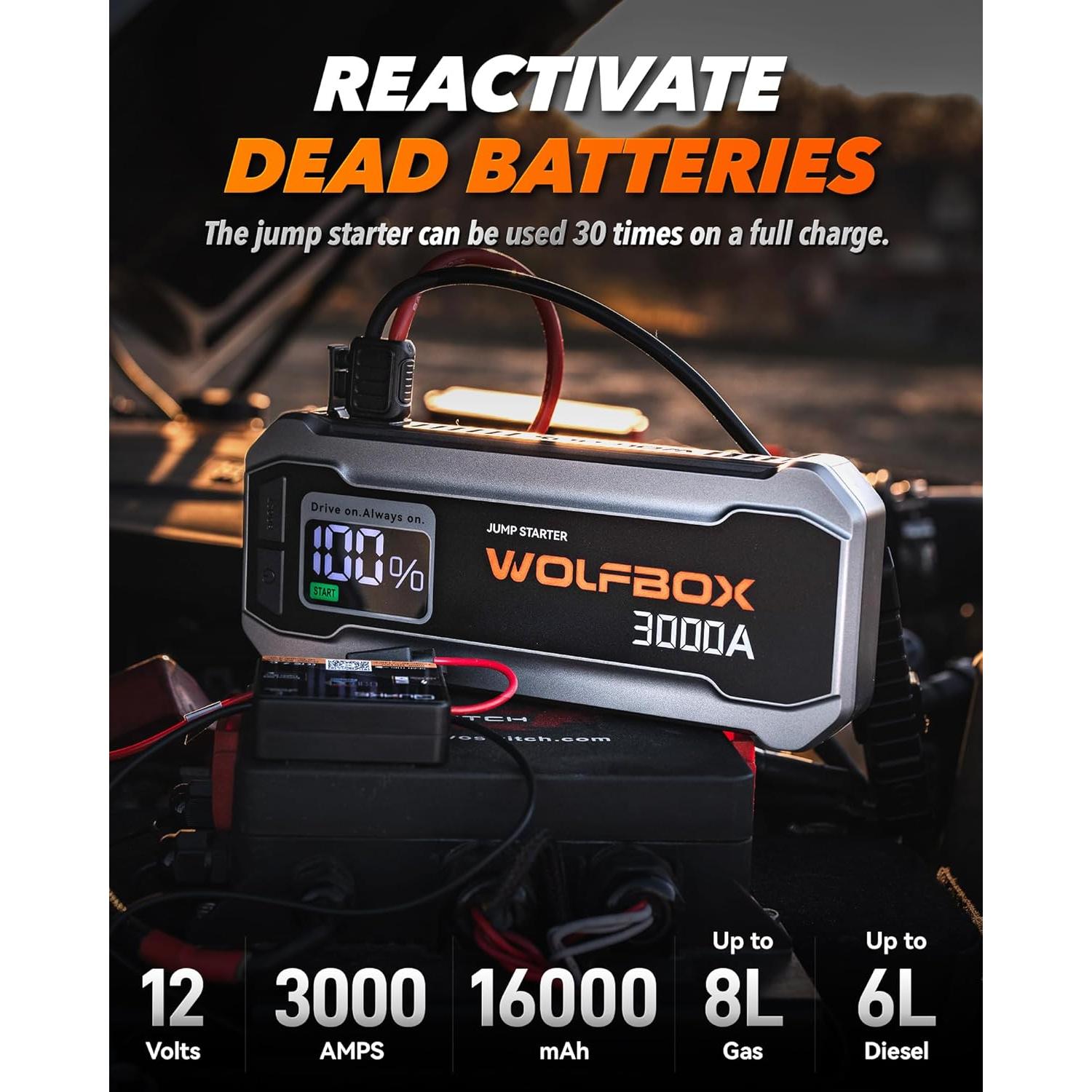 WOLFBOX Arrancador de Batería 3000A y Cámara Salpicadero X3 2.5K