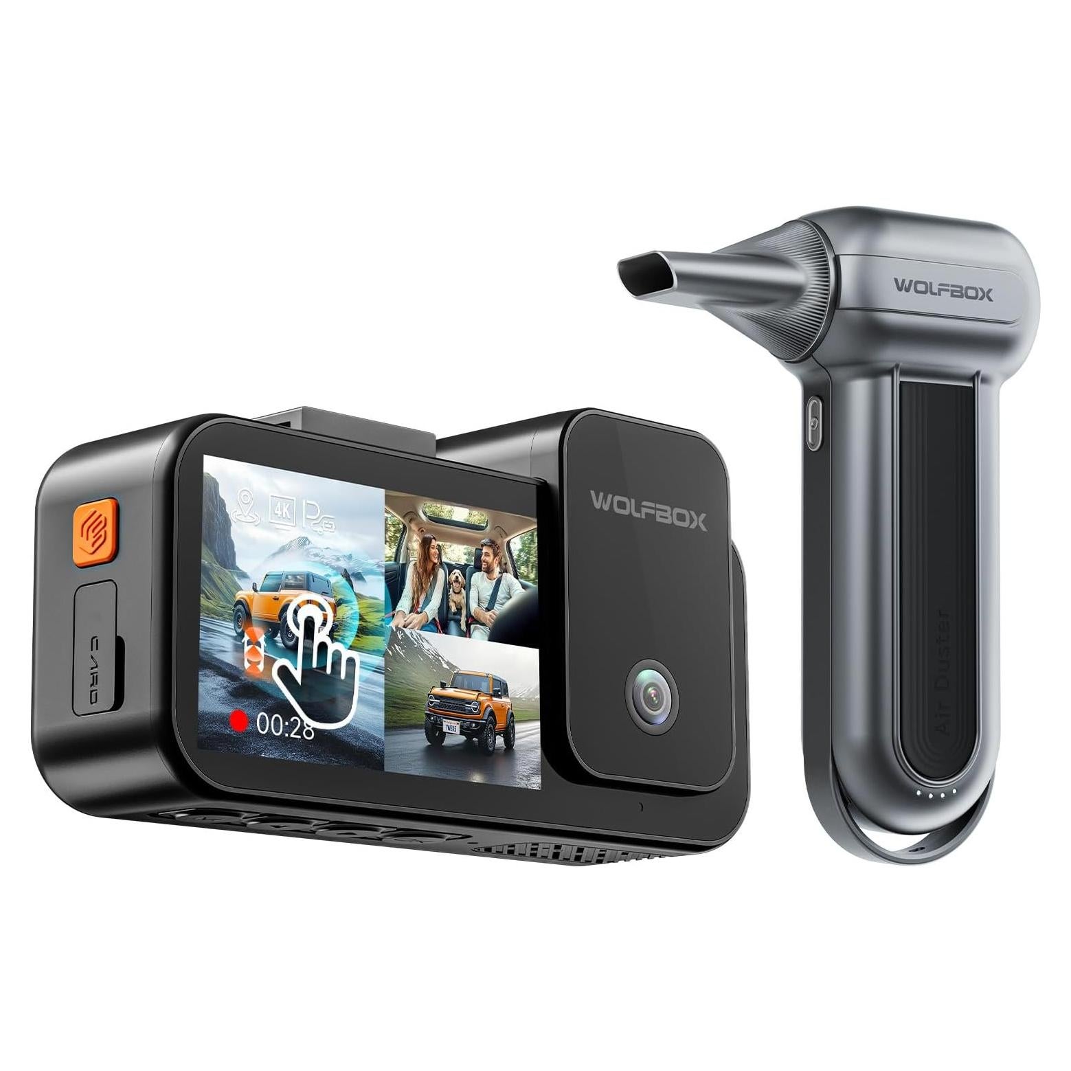 Cámara Dash 4K WOLFBOX X5 3 Canales + Soplador Eléctrico MF100