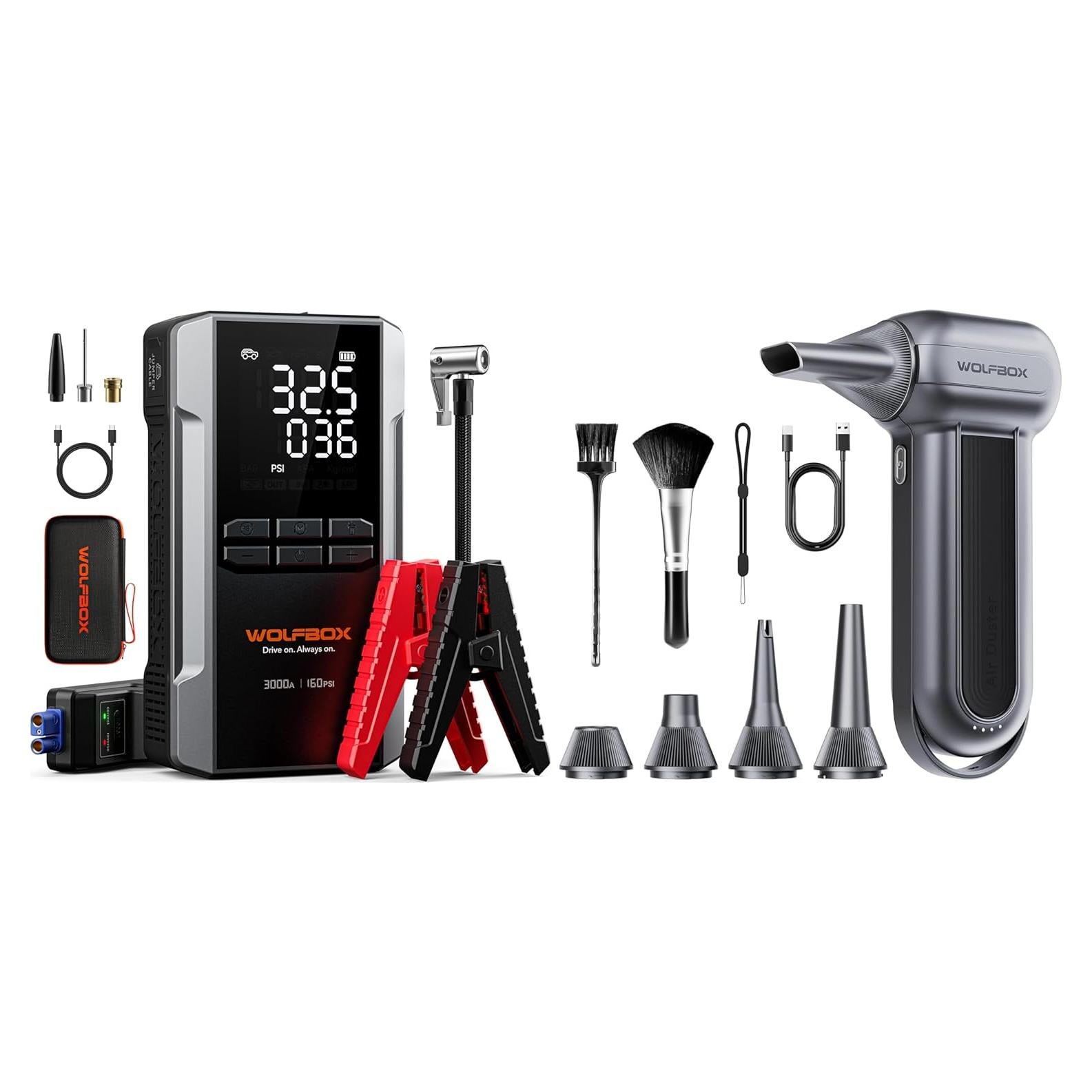 Soplador de Aire Eléctrico WOLFBOX MF100 150000 RPM y Arrancador 3000A