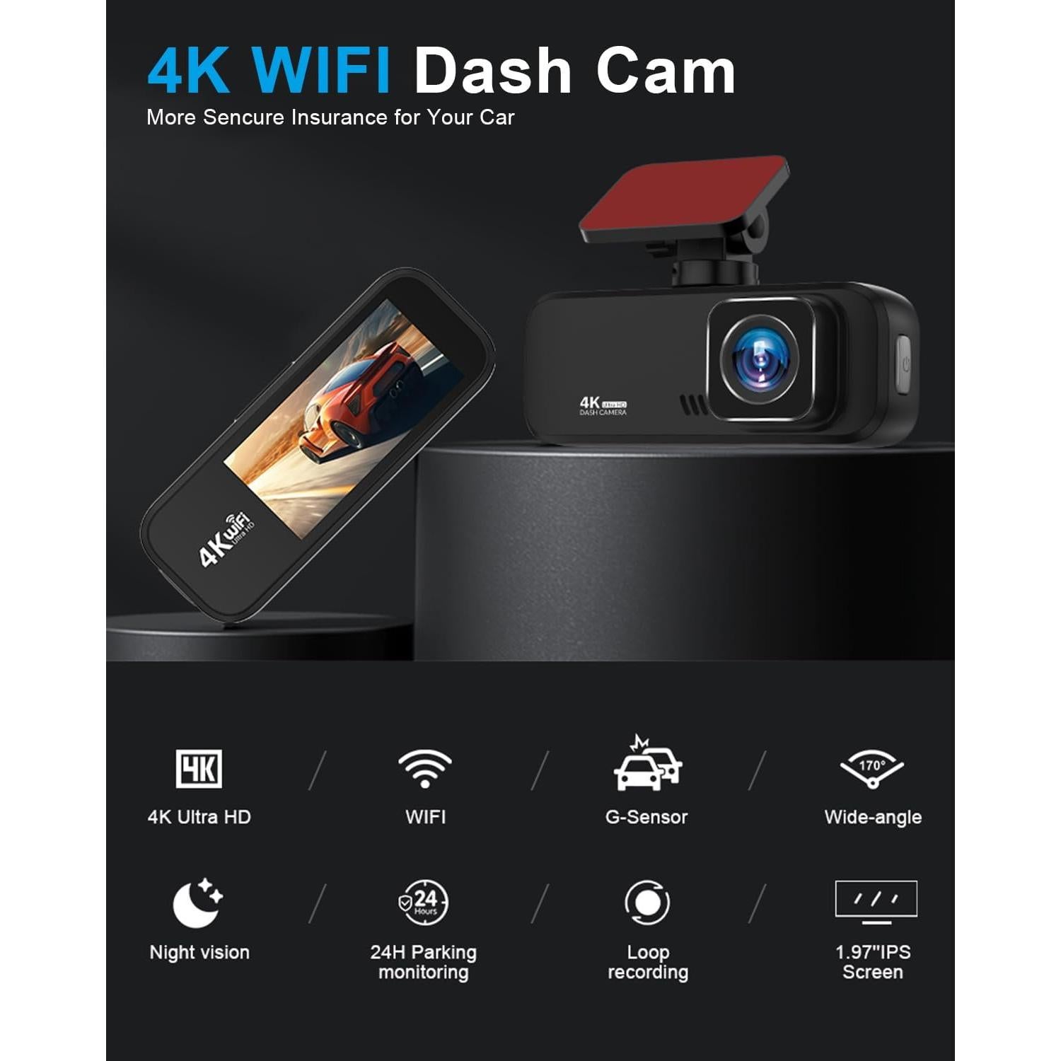 Cámara Dash 4K Frontal V30 - Ultra HD, Wi-Fi, G-Sensor