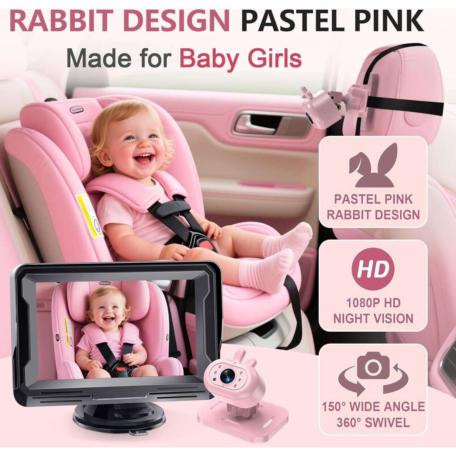 Cámara de Auto para Bebés AMTIFO Rosa 1080P HD con Visión Nocturna
