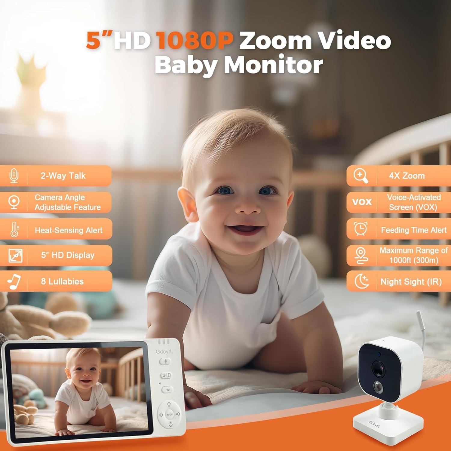 Monitor Inalámbrico para Bebés GdoyrL 5" HD 1080P con Cámara 360°