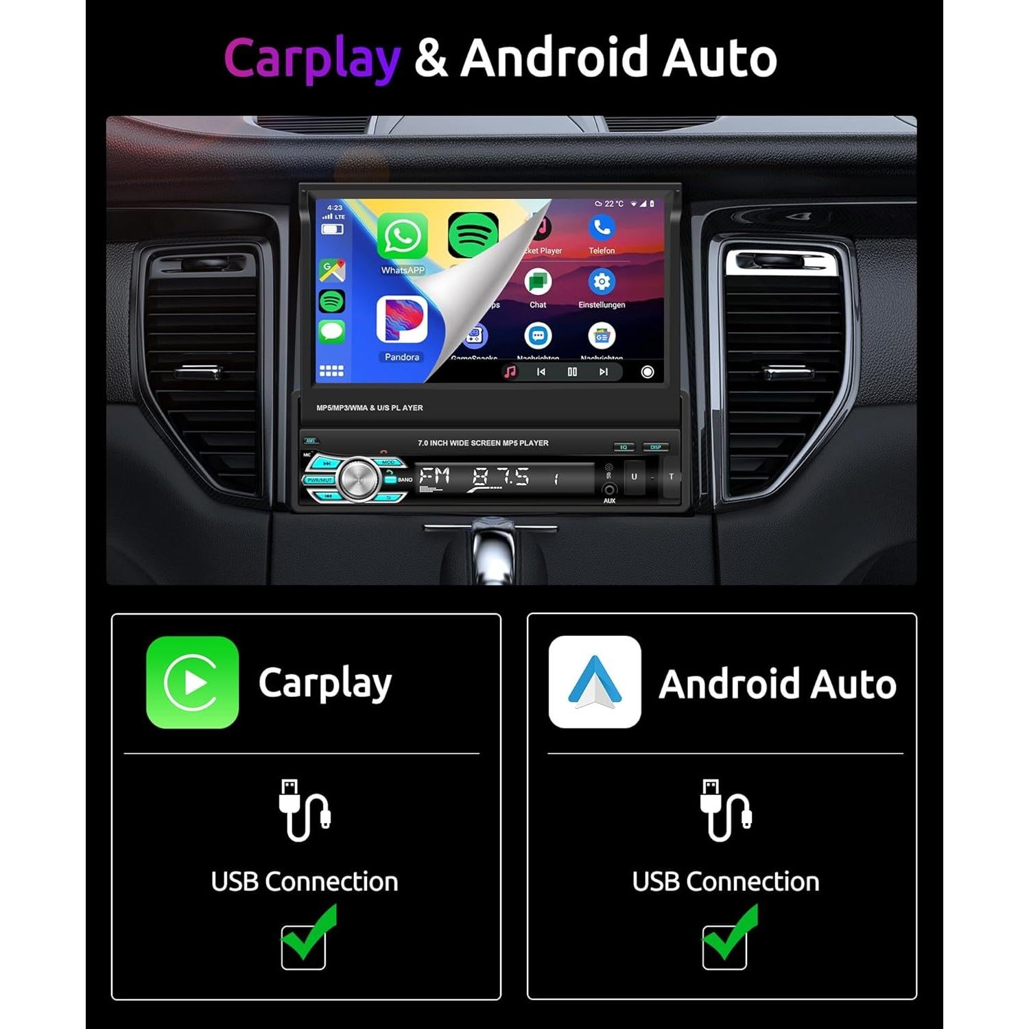 Estéreo de Coche Podofo 7" Bluetooth con Carplay y Android Auto