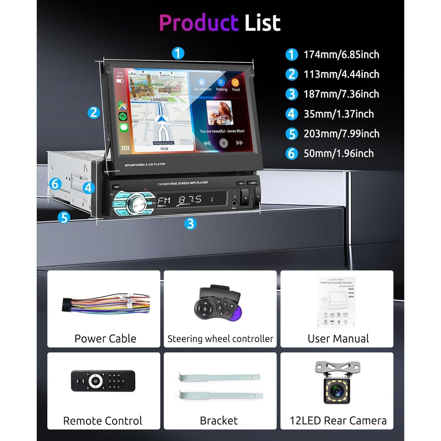 Estéreo de Coche Podofo 7" Bluetooth con Carplay y Android Auto