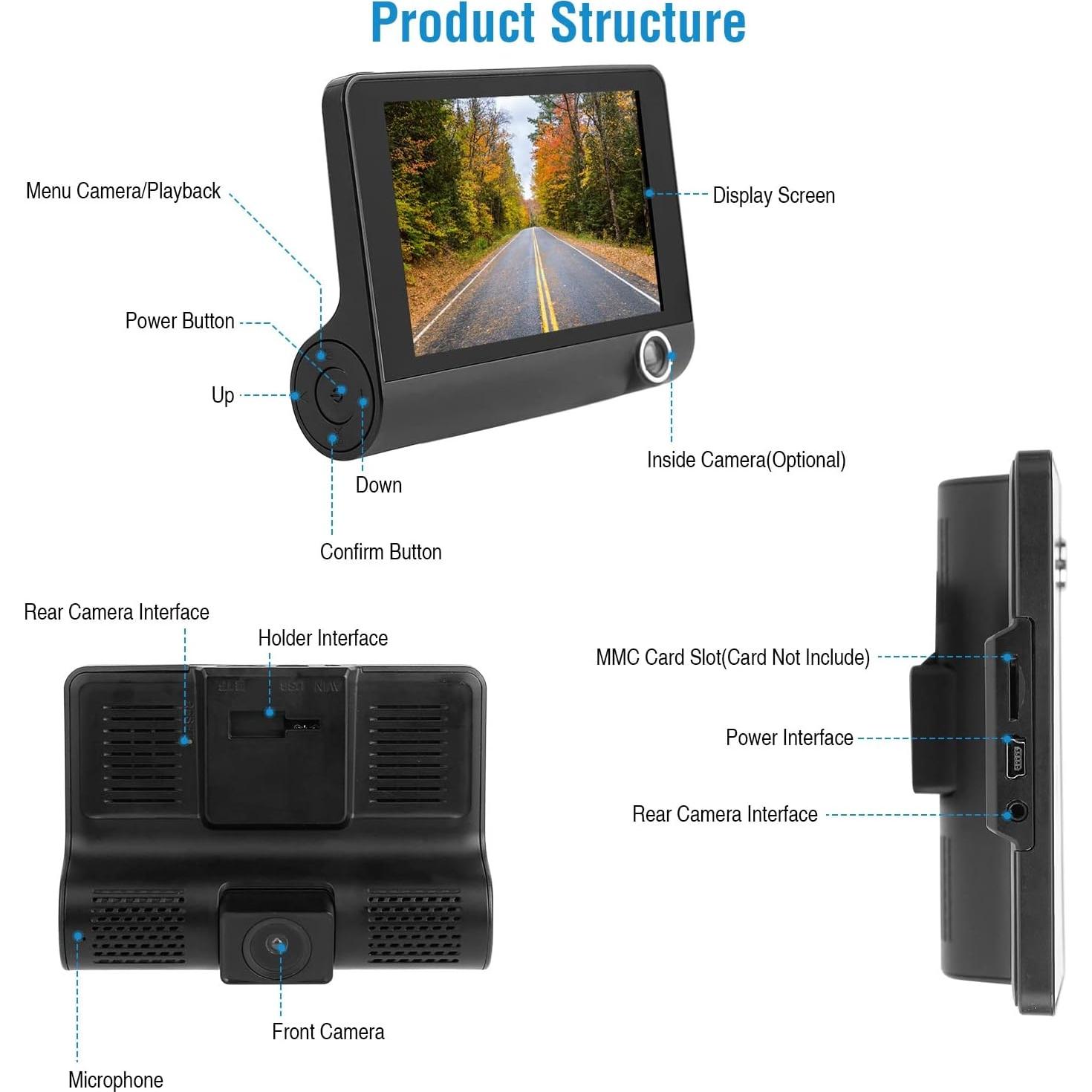Cámara de tablero 3 canales TeqHome 1296P FHD con WDR