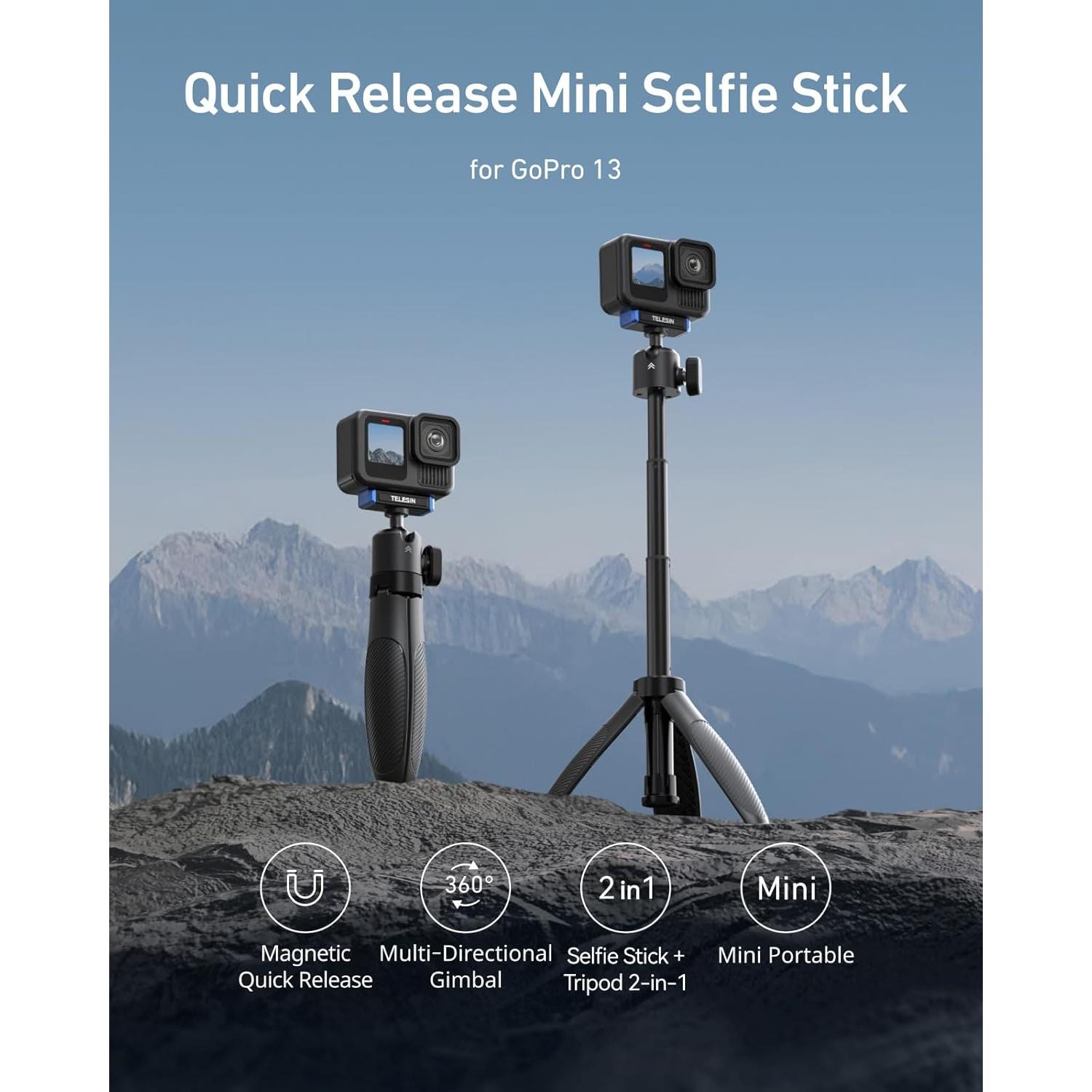 Mini Trípode Selfie TELESIN para Gopro 13, Ajustable 40cm