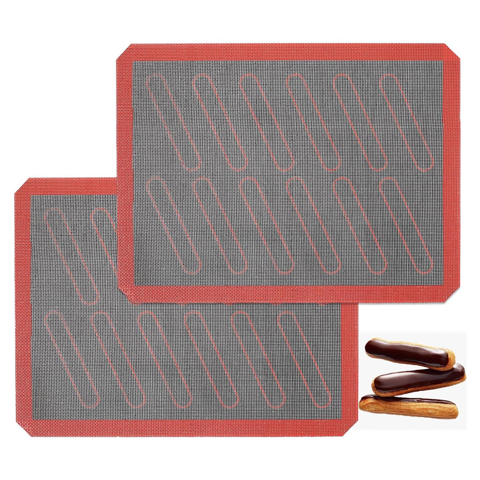 Perforated Silicone Baking Mats, 2 PCS Eclair Silicone Mat for Half Sheet with 12 Printed Oblong Eclair Guides, Non-Stick Reusable Oven Liners for Making Bread/Pizza/Pastry/Cookie 11-4/5" x 15-3/4"