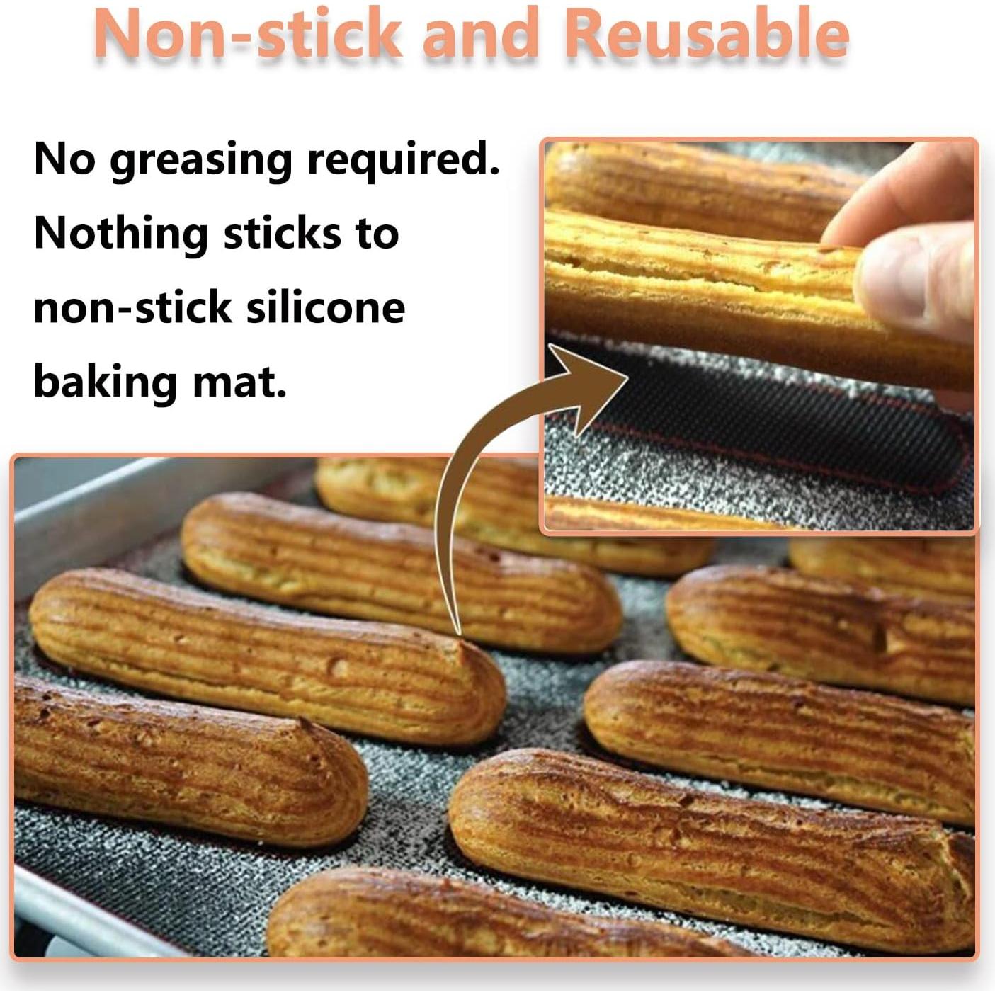 Perforated Silicone Baking Mats, 2 PCS Eclair Silicone Mat for Half Sheet with 12 Printed Oblong Eclair Guides, Non-Stick Reusable Oven Liners for Making Bread/Pizza/Pastry/Cookie 11-4/5" x 15-3/4"