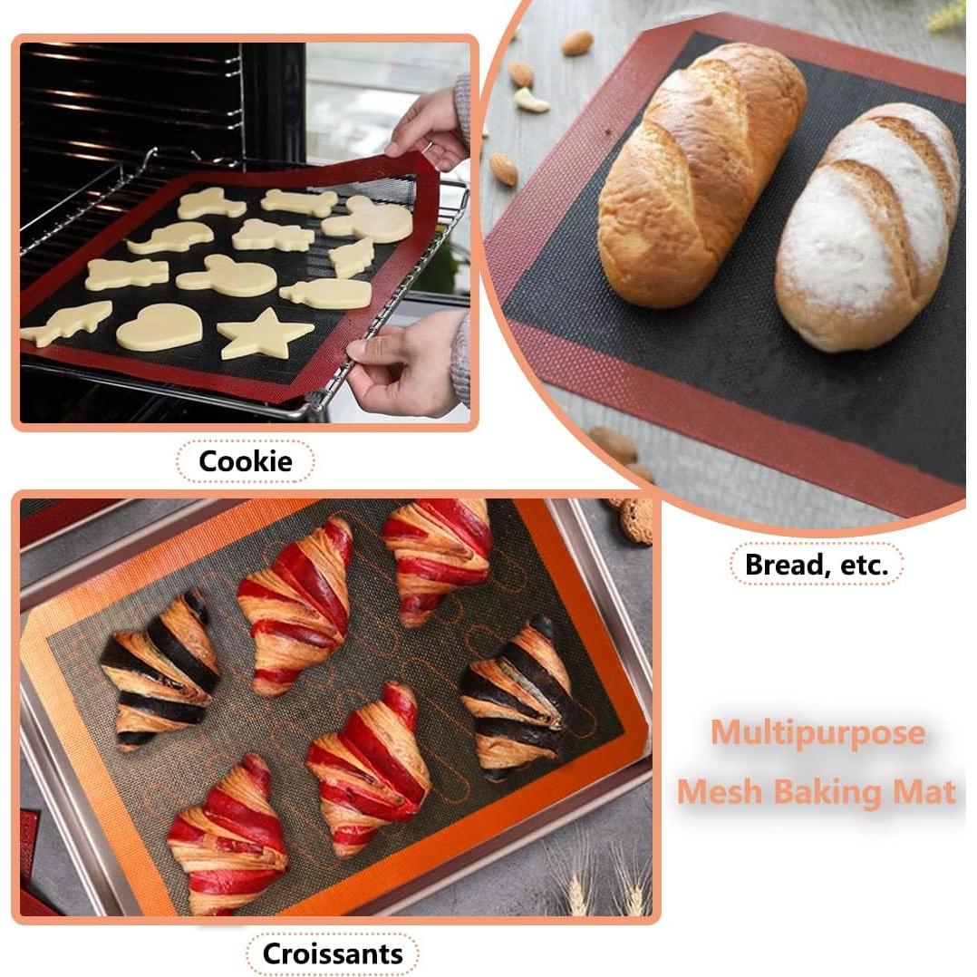 Perforated Silicone Baking Mats, 2 PCS Eclair Silicone Mat for Half Sheet with 12 Printed Oblong Eclair Guides, Non-Stick Reusable Oven Liners for Making Bread/Pizza/Pastry/Cookie 11-4/5" x 15-3/4"