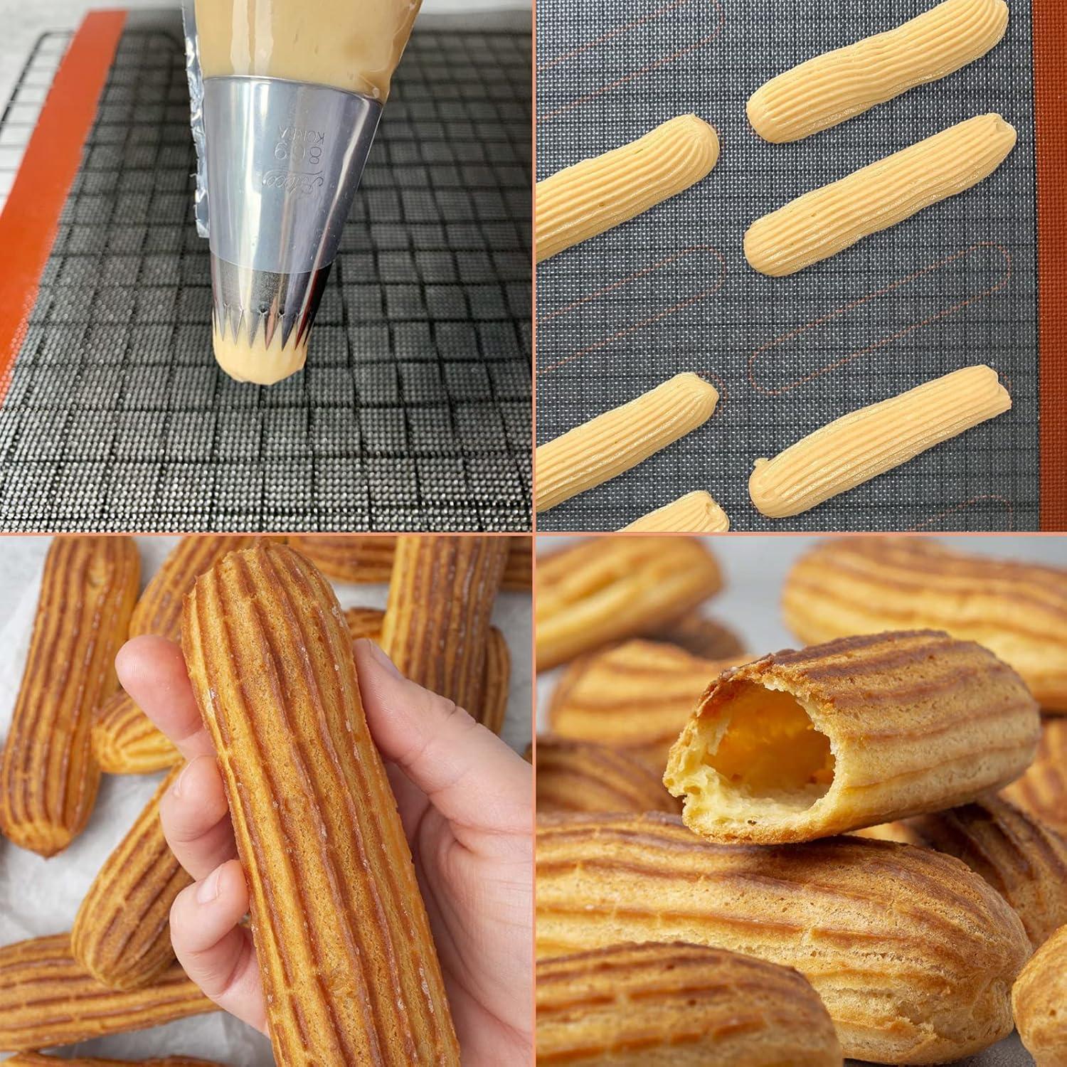 Perforated Silicone Baking Mats, 2 PCS Eclair Silicone Mat for Half Sheet with 12 Printed Oblong Eclair Guides, Non-Stick Reusable Oven Liners for Making Bread/Pizza/Pastry/Cookie 11-4/5" x 15-3/4"