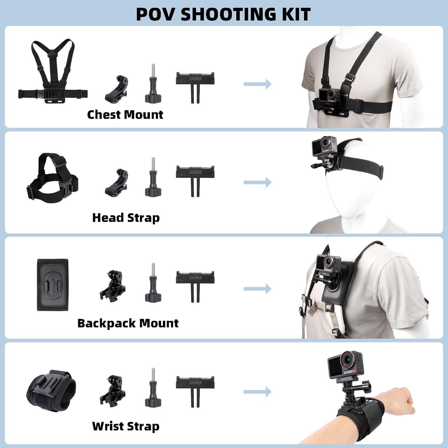 Kit de Accesorios ZEPIX para DJI Osmo Action 5 Pro/4/3 - Carcasa Impermeable, Mango Trípode, Soporte Manillar