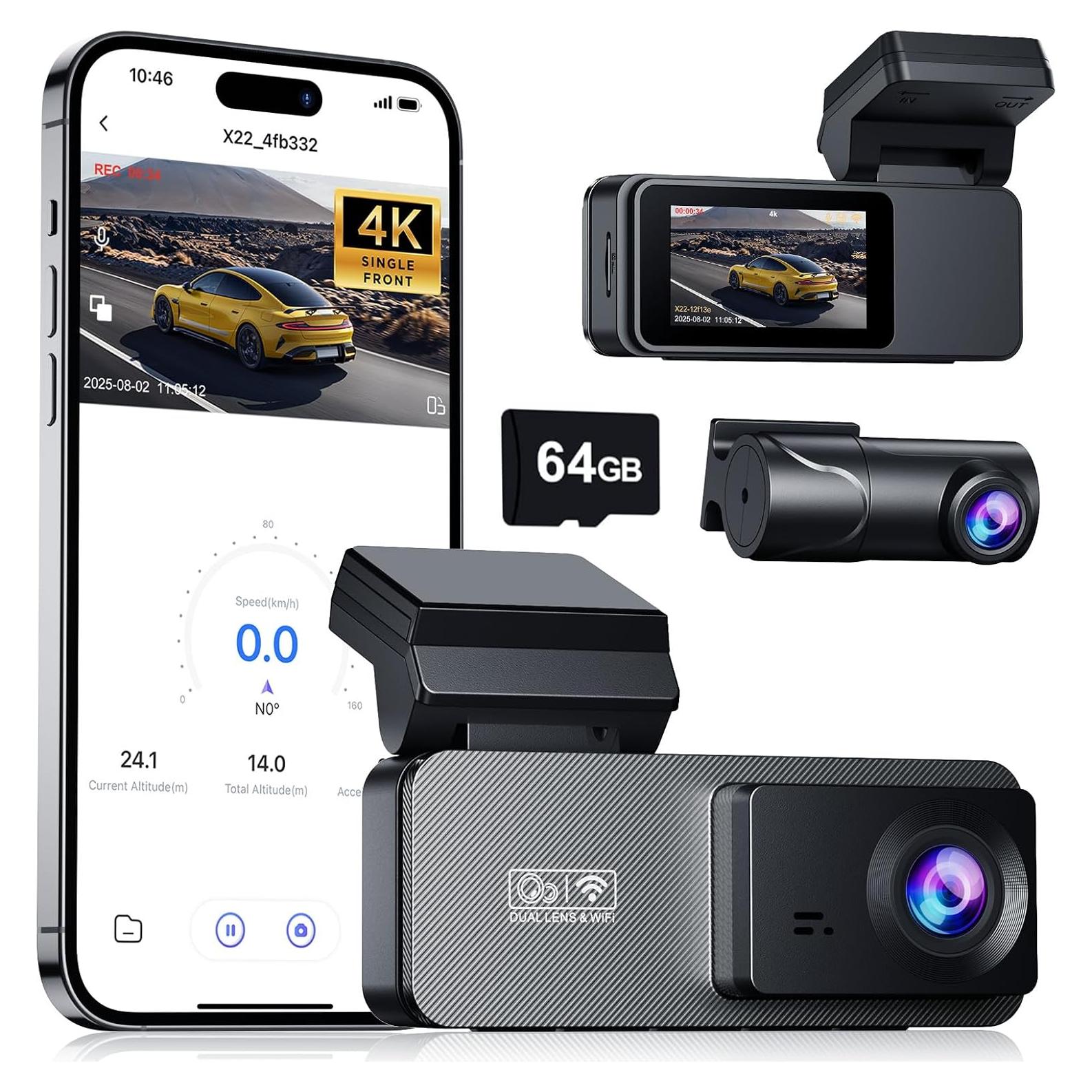 Cámara Dash Delantera y Trasera Eassky 4K/3K, WiFi, 64GB