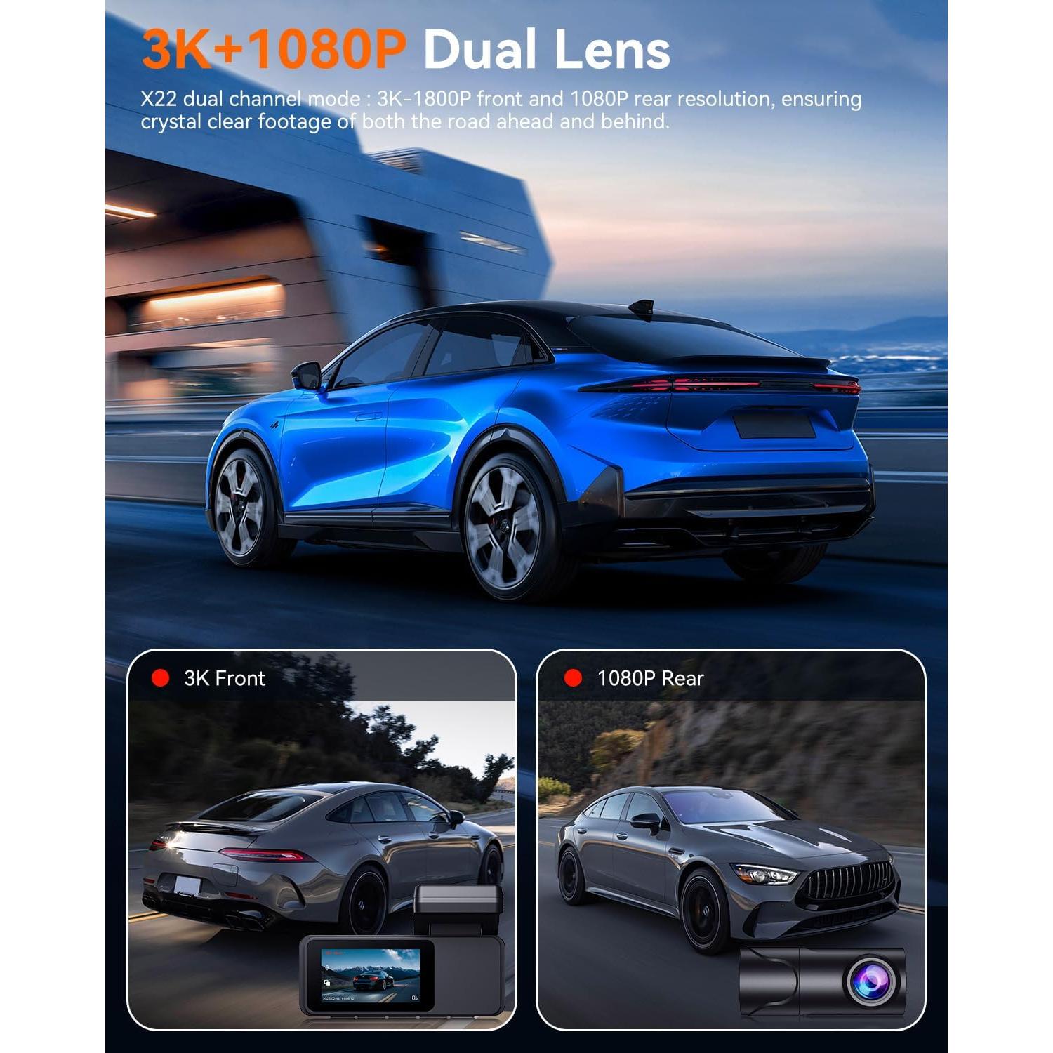 Cámara Dash Delantera y Trasera Eassky 4K/3K, WiFi, 64GB