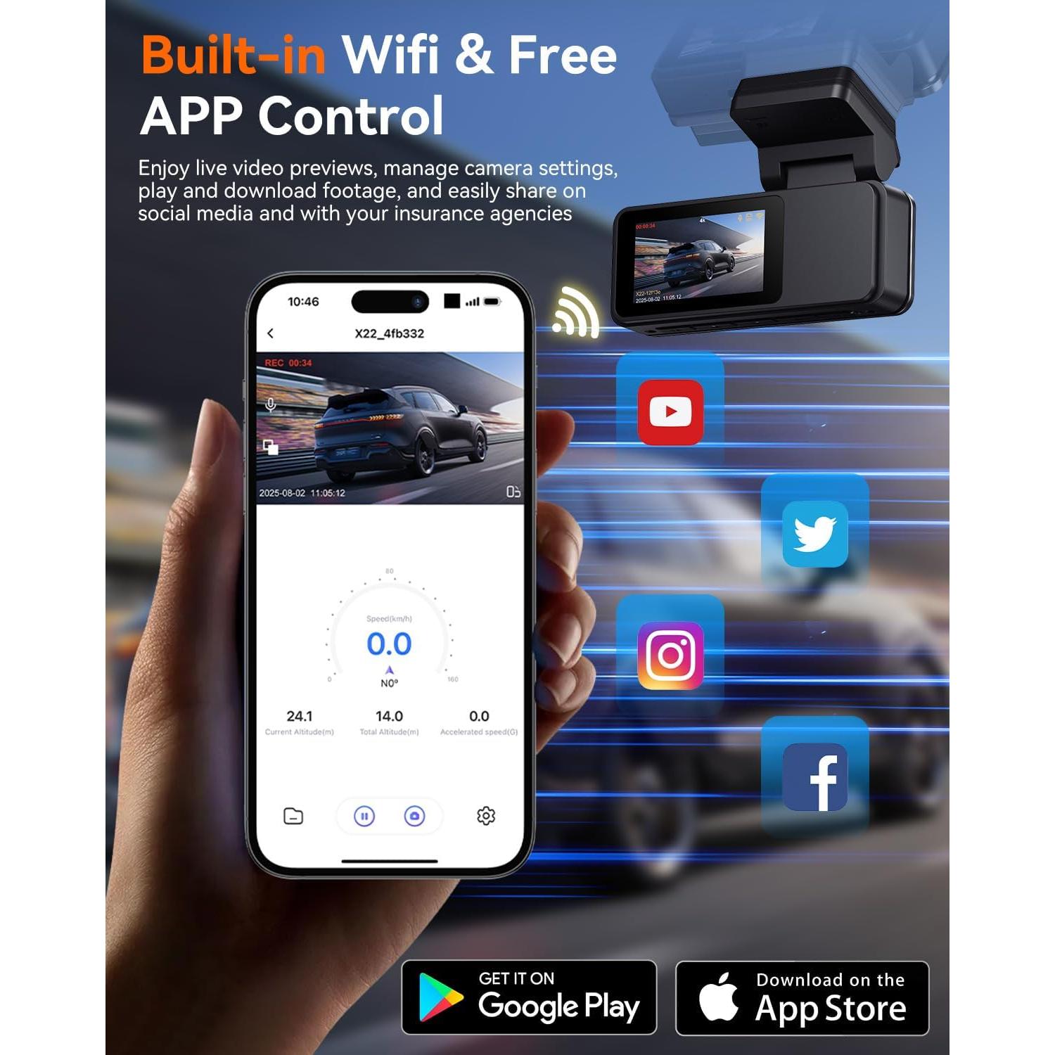 Cámara Dash Delantera y Trasera Eassky 4K/3K, WiFi, 64GB