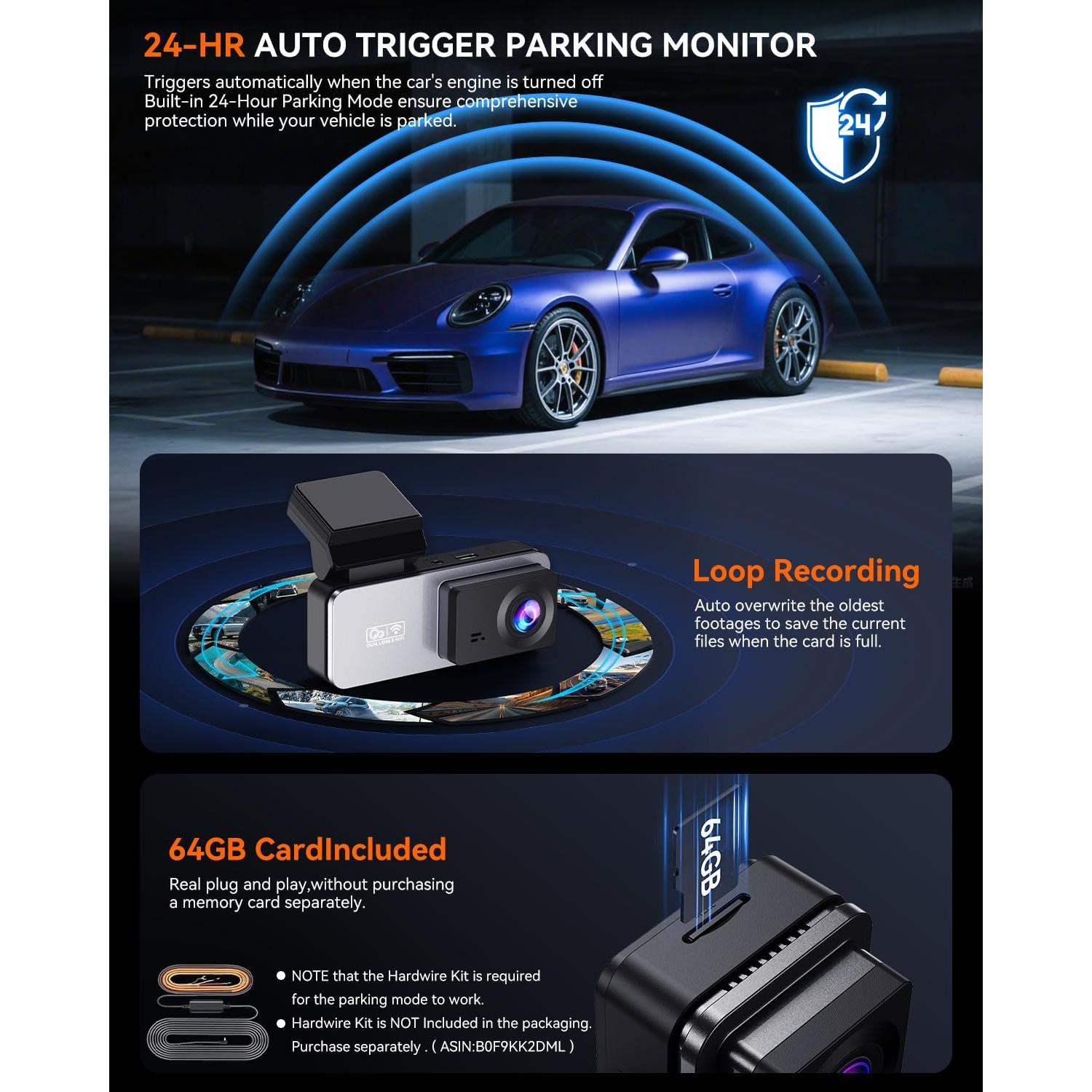 Cámara Dash Delantera y Trasera Eassky 4K/3K, WiFi, 64GB