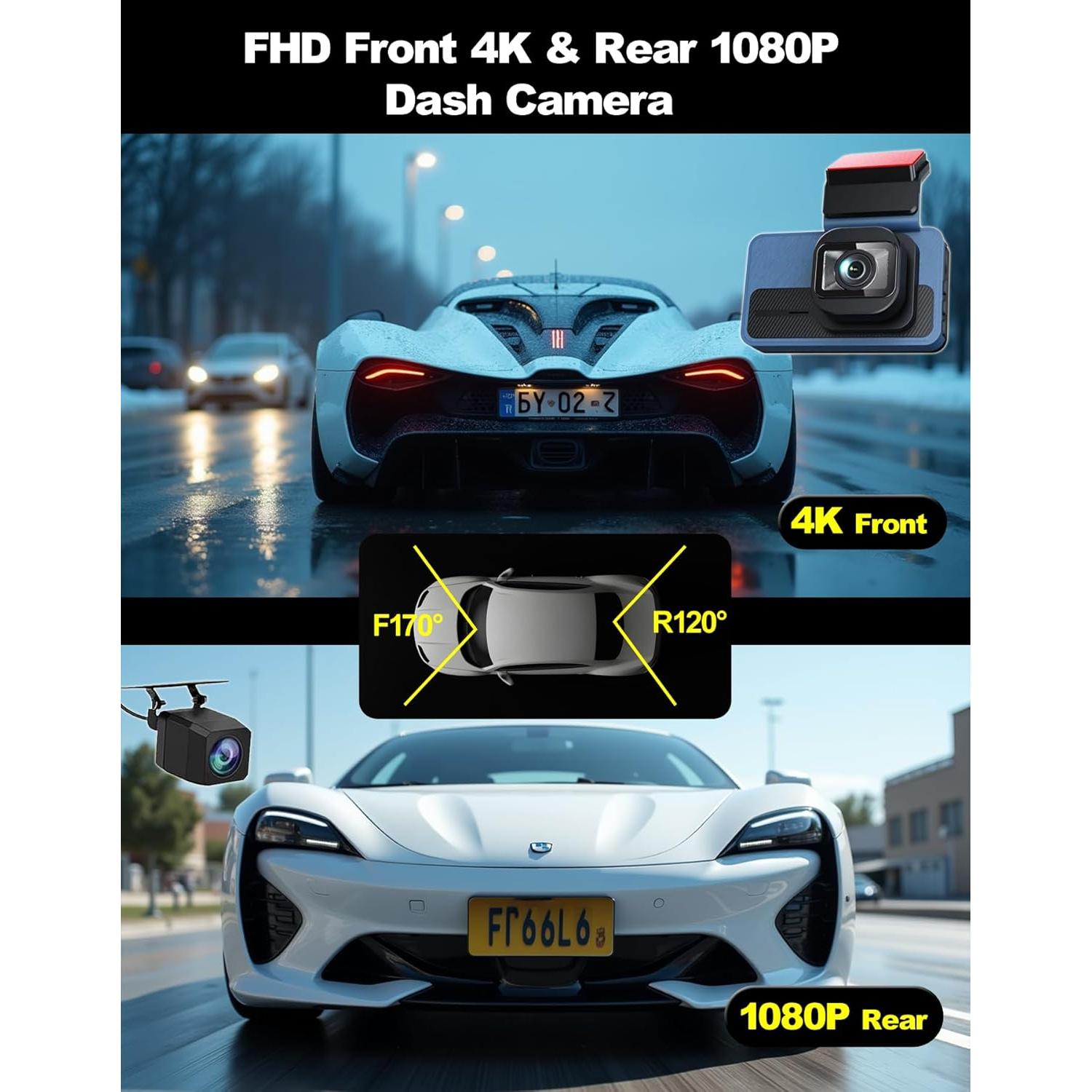 Cámara de tablero delantera 4K y trasera 1080P Petokix