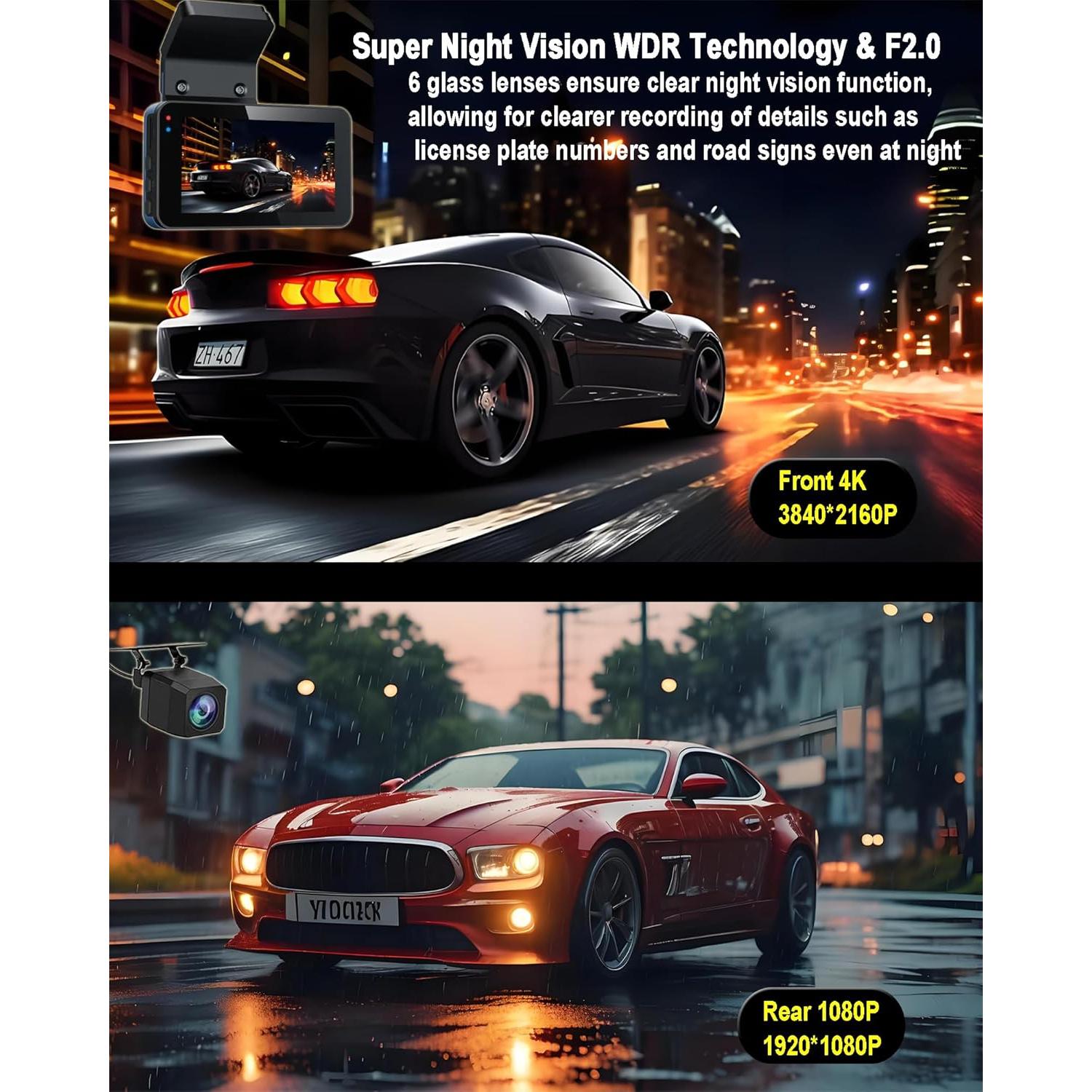 Cámara de tablero delantera 4K y trasera 1080P Petokix