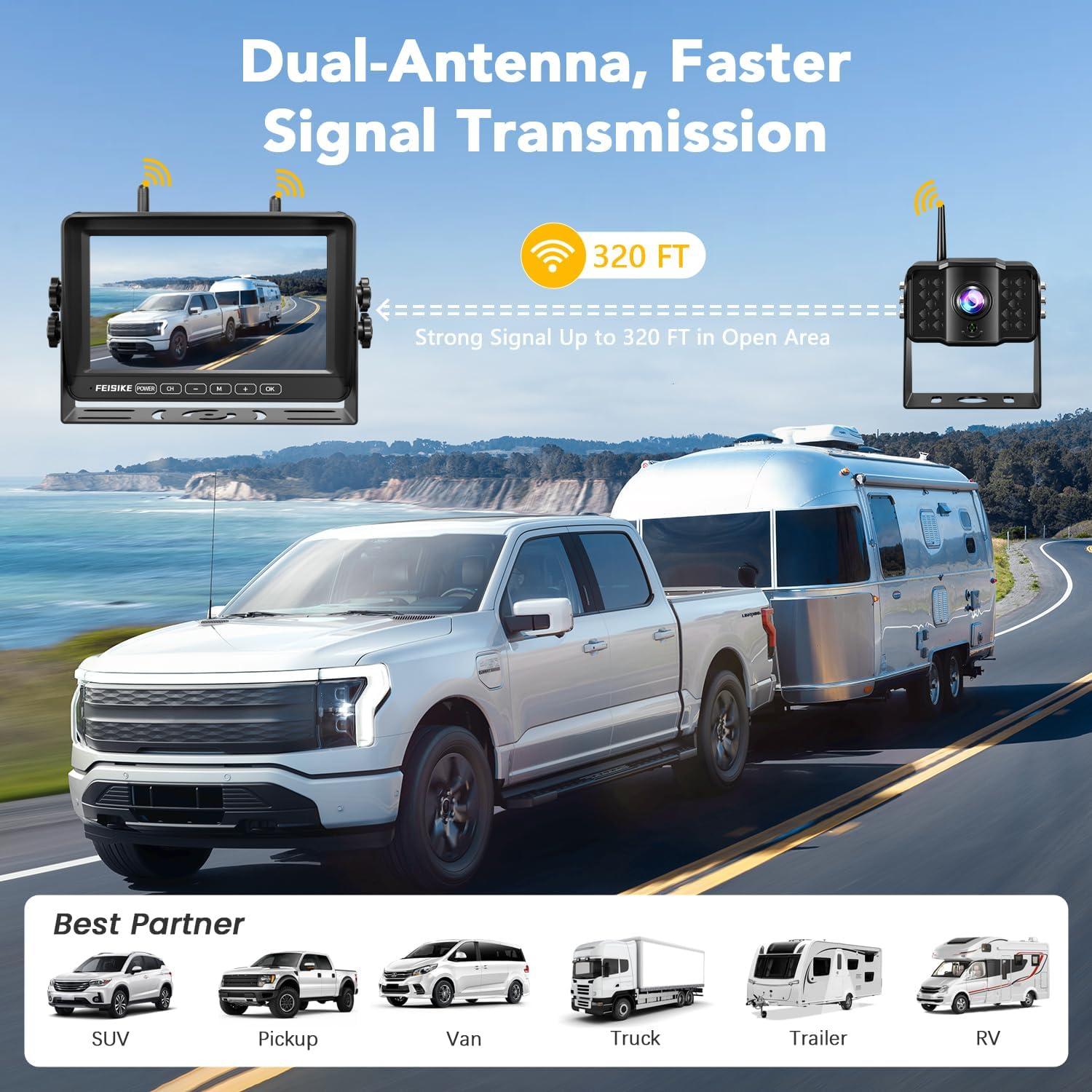 Cámara de Respaldo Inalámbrica Dual FEISIKE 1080P 7" para RV