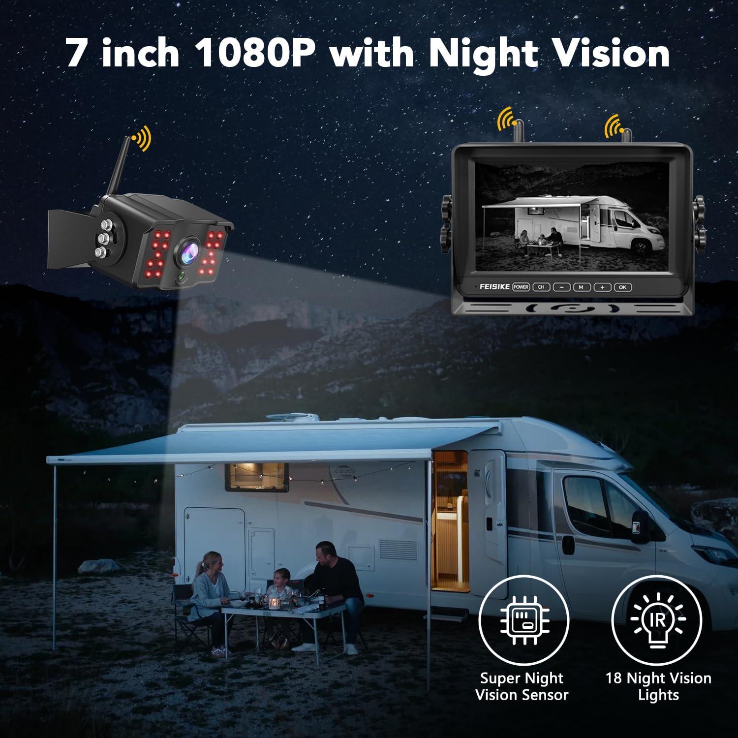 Cámara de Respaldo Inalámbrica Dual FEISIKE 1080P 7" para RV