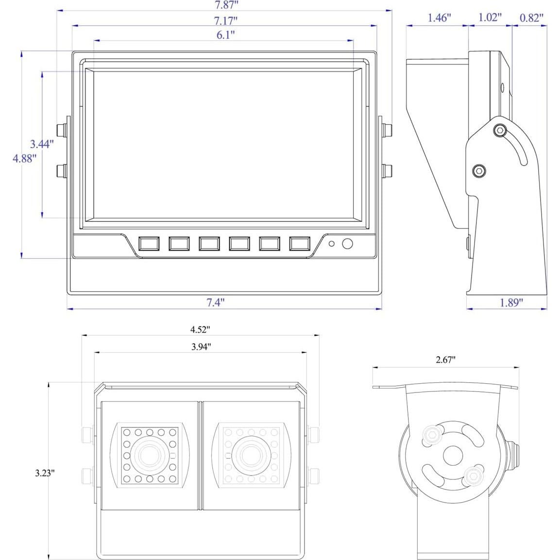 Sistema de cámara de reversa AHD 1080P 7" Doble Lente IP69K