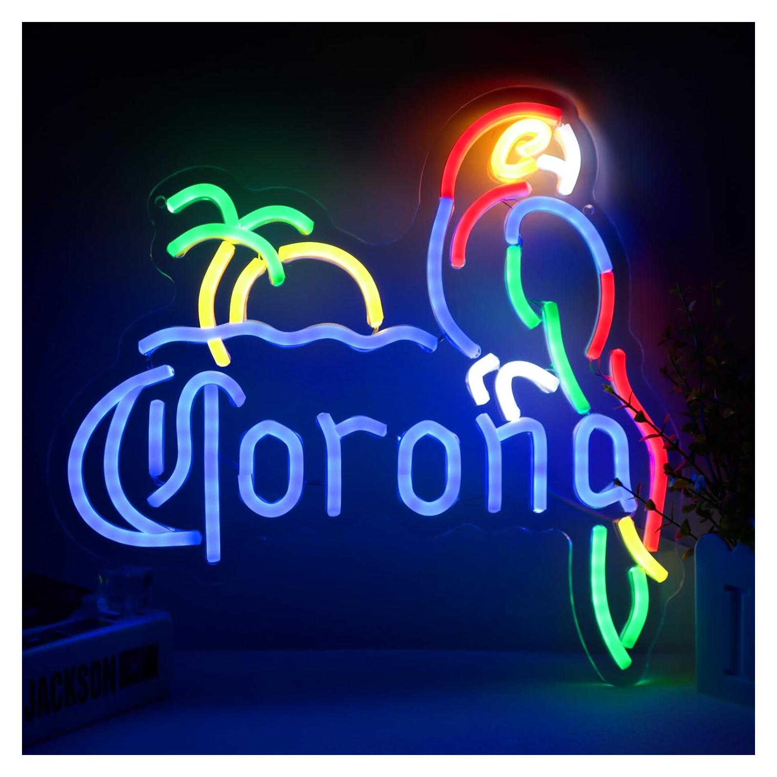 Letrero de Neón LED Corona con Loro Azul 35.5x33 cm