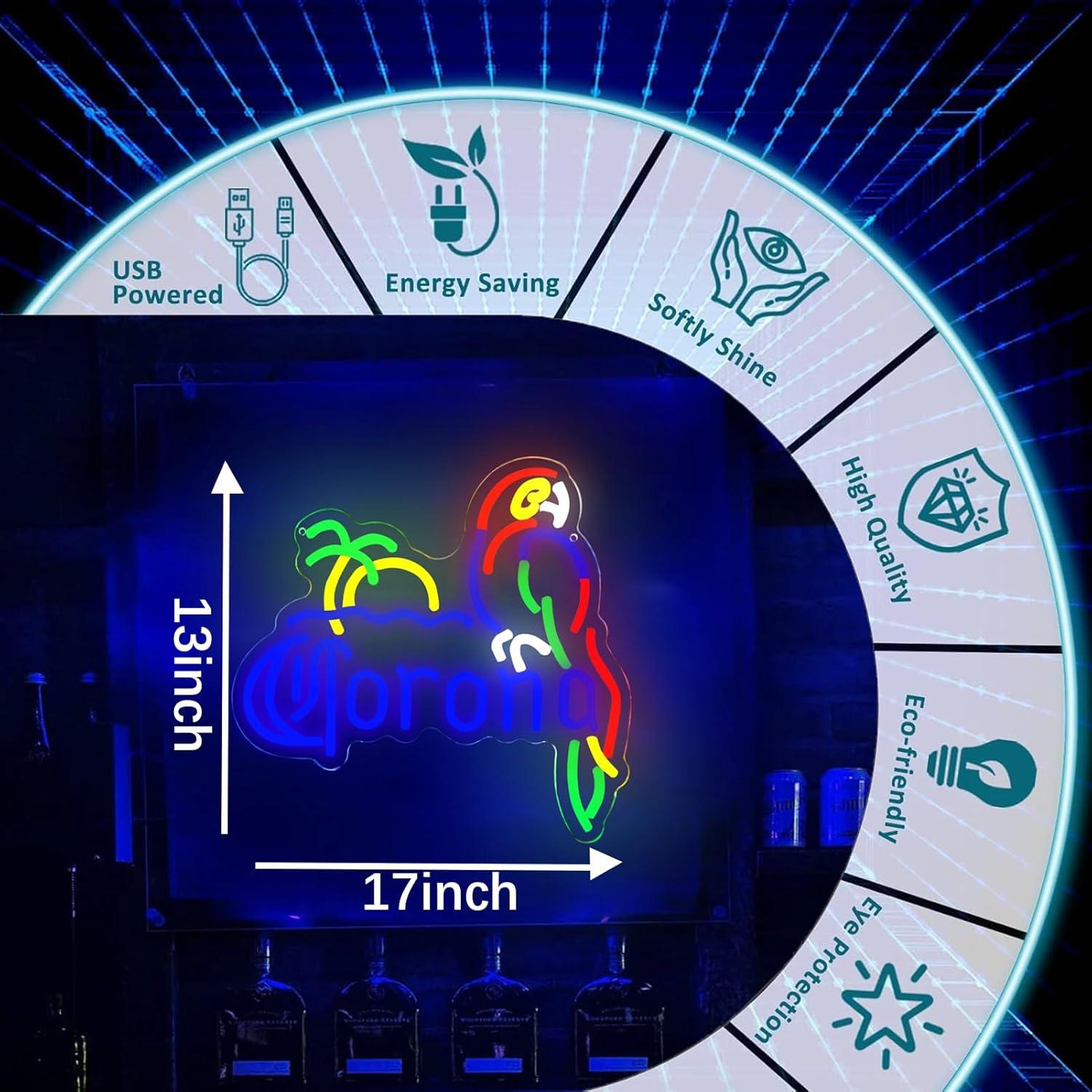 Letrero de Neón LED Corona con Loro Azul 35.5x33 cm