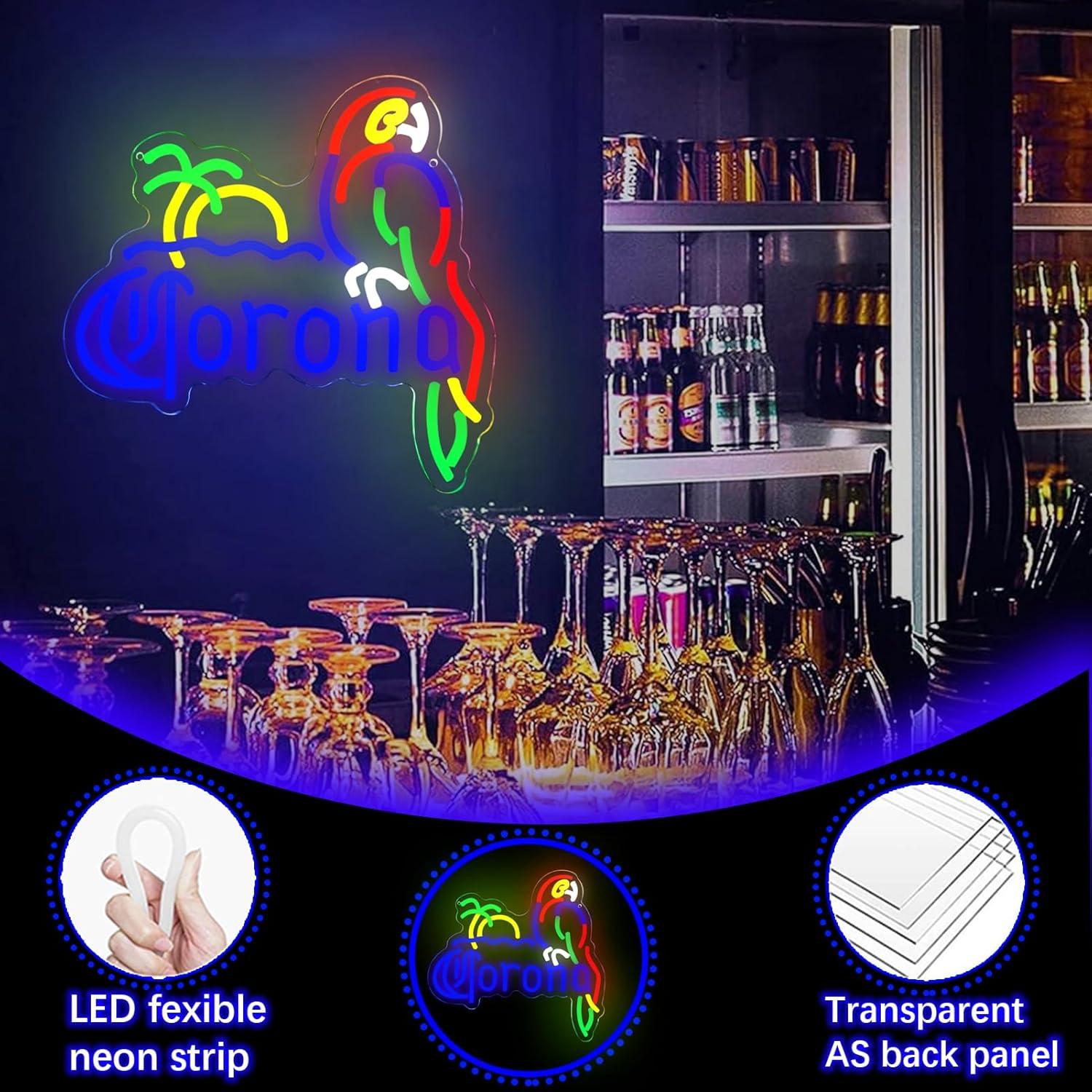 Letrero de Neón LED Corona con Loro Azul 35.5x33 cm