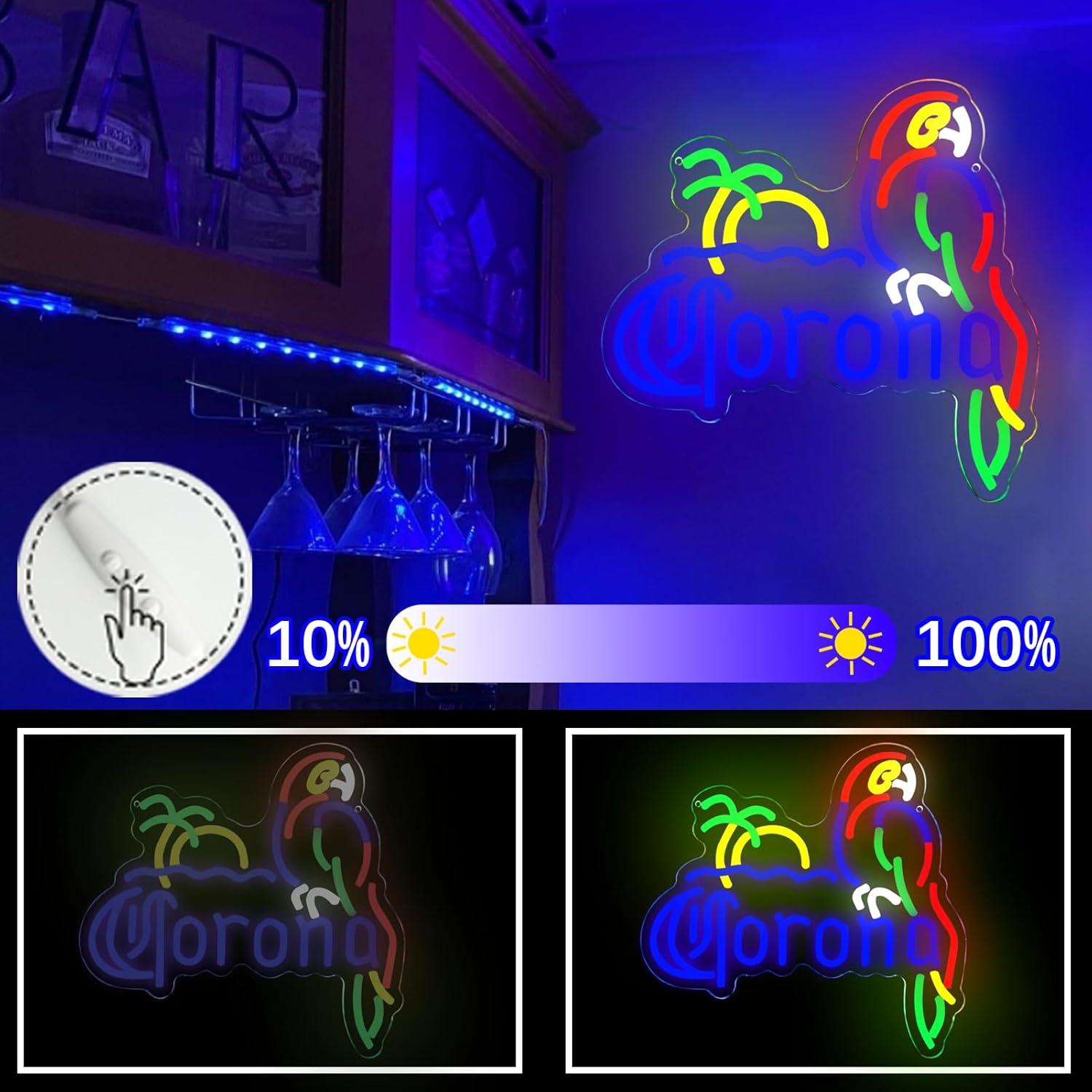 Letrero de Neón LED Corona con Loro Azul 35.5x33 cm